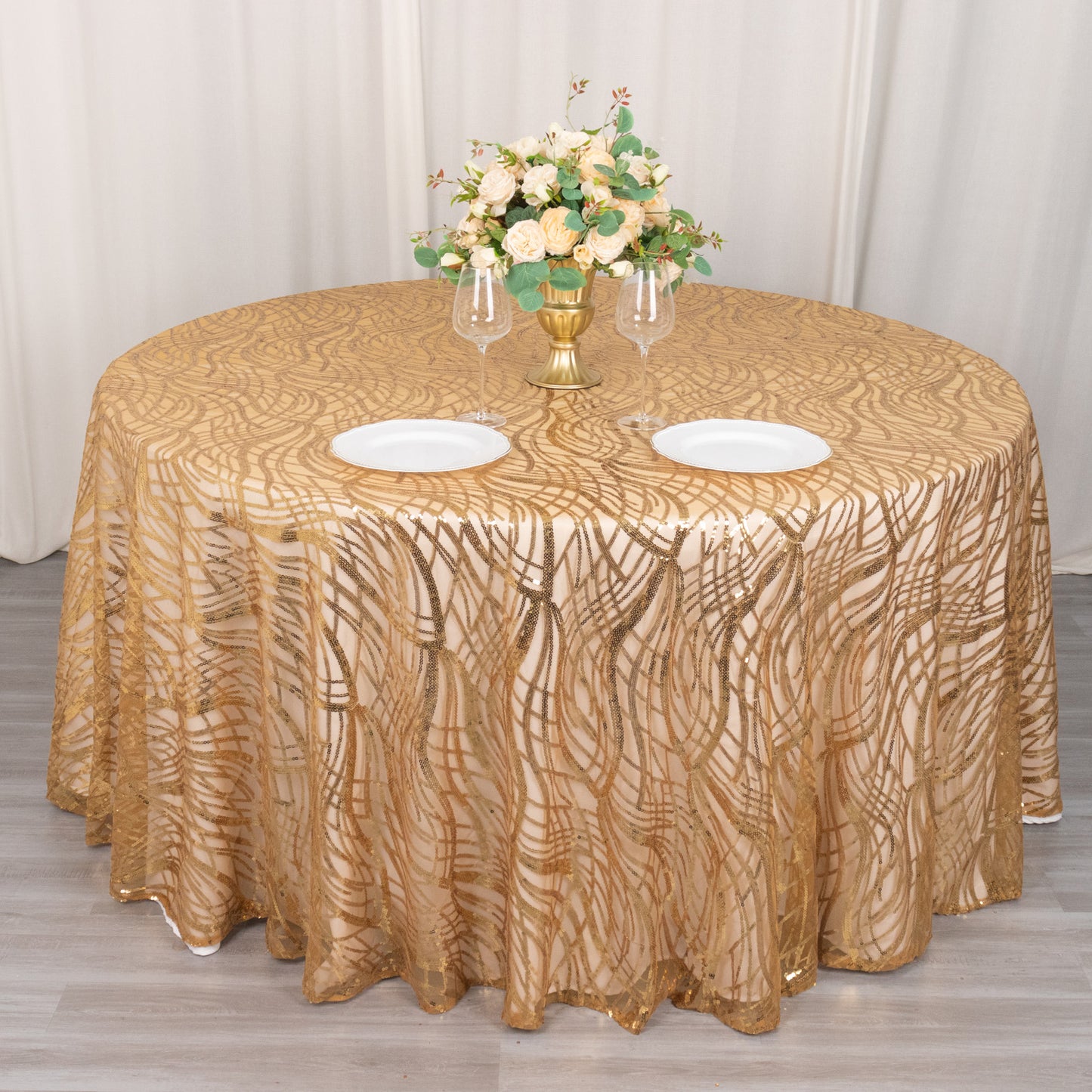 120" Gold Wave Mesh Round Tablecloth With Embroidered Sequins