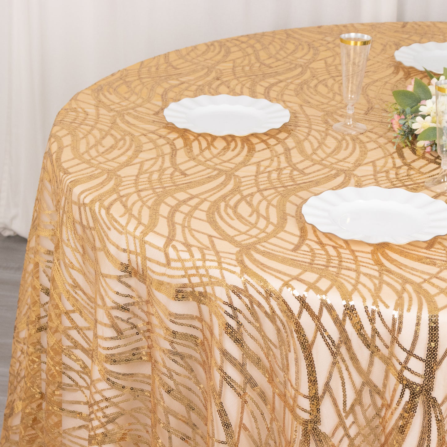 120" Gold Wave Mesh Round Tablecloth With Embroidered Sequins