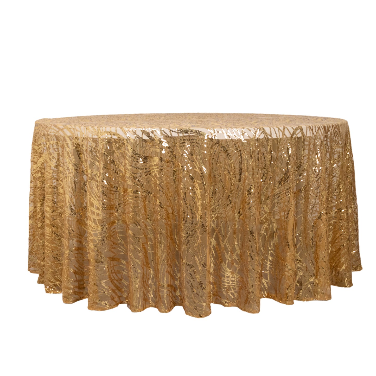 120" Gold Wave Mesh Round Tablecloth With Embroidered Sequins