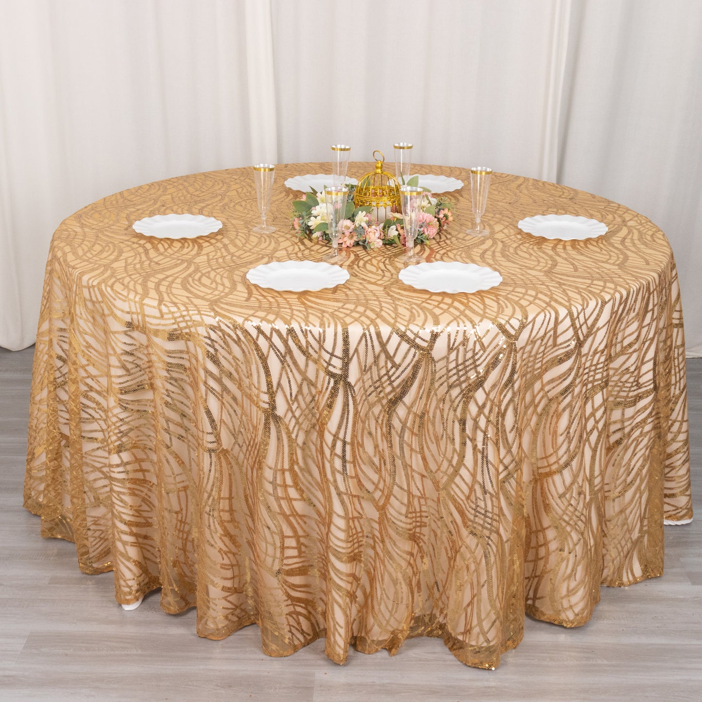 120" Gold Wave Mesh Round Tablecloth With Embroidered Sequins