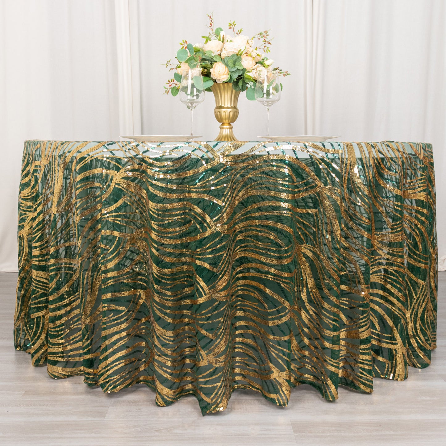 120" Hunter Emerald Green Gold Wave Mesh Round Tablecloth With Embroidered Sequins