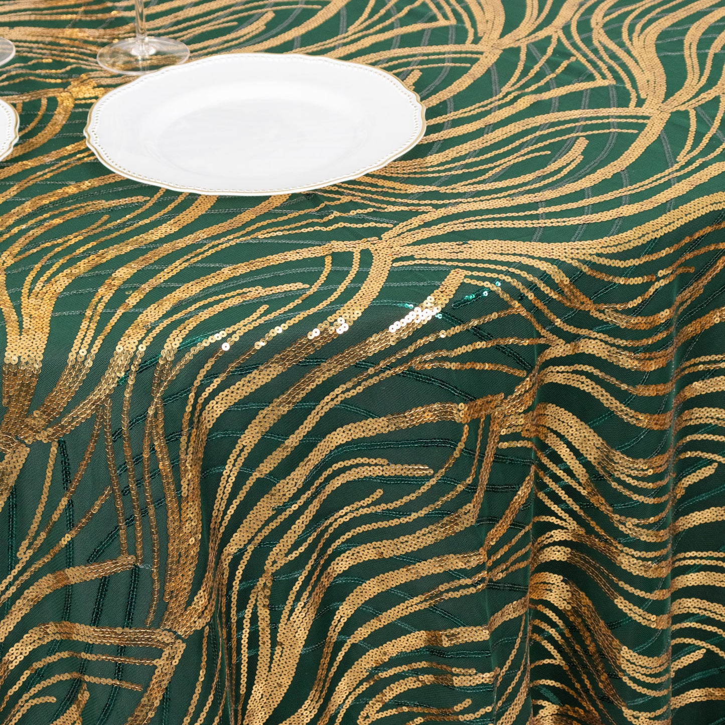 120" Hunter Emerald Green Gold Wave Mesh Round Tablecloth With Embroidered Sequins