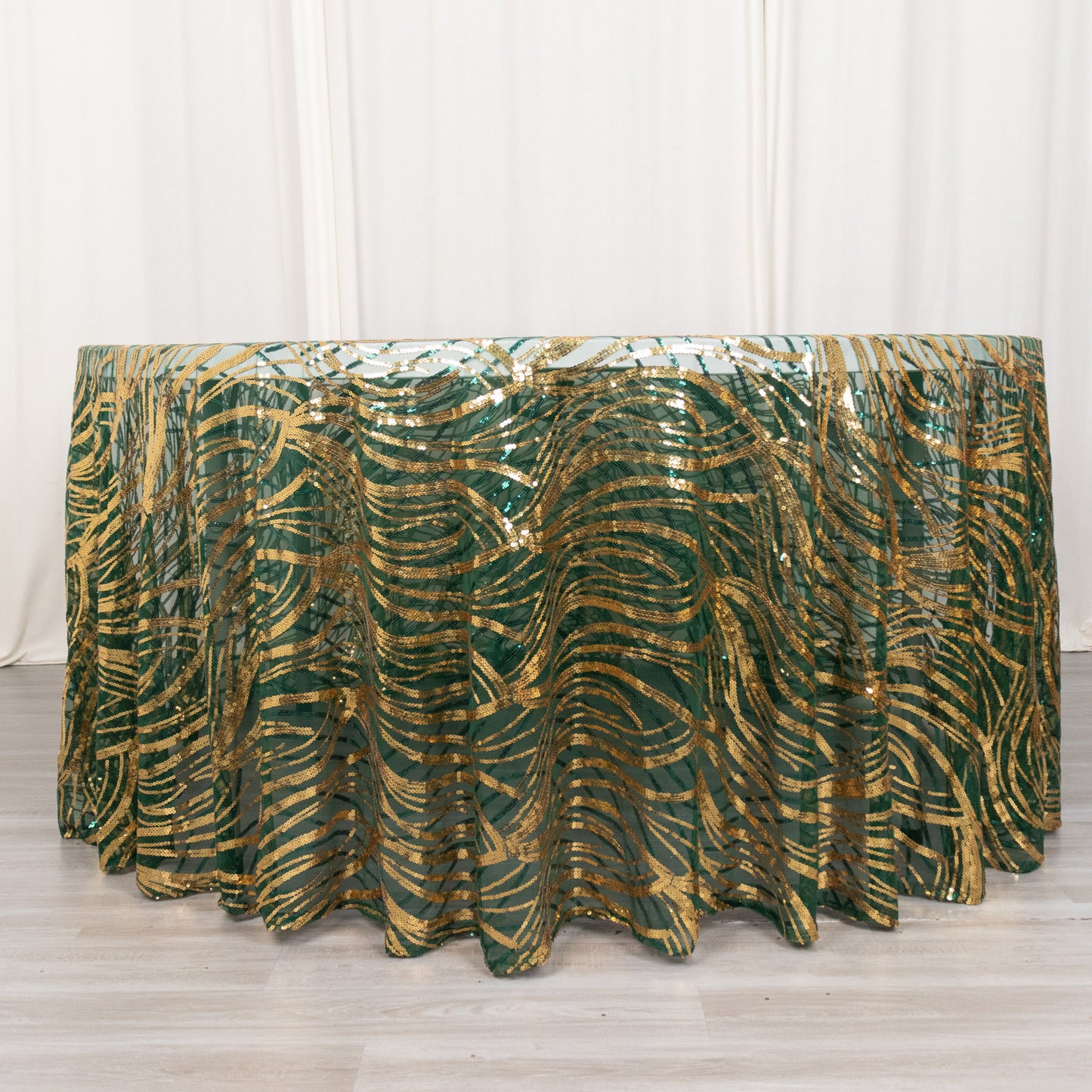 120" Hunter Emerald Green Gold Wave Mesh Round Tablecloth With Embroidered Sequins