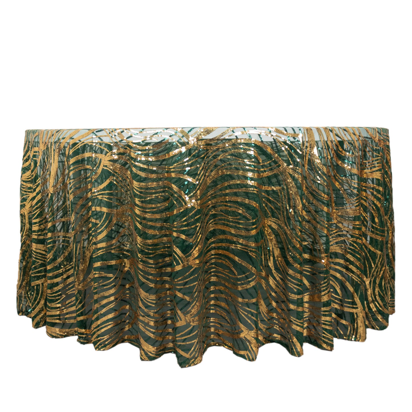 120" Hunter Emerald Green Gold Wave Mesh Round Tablecloth With Embroidered Sequins