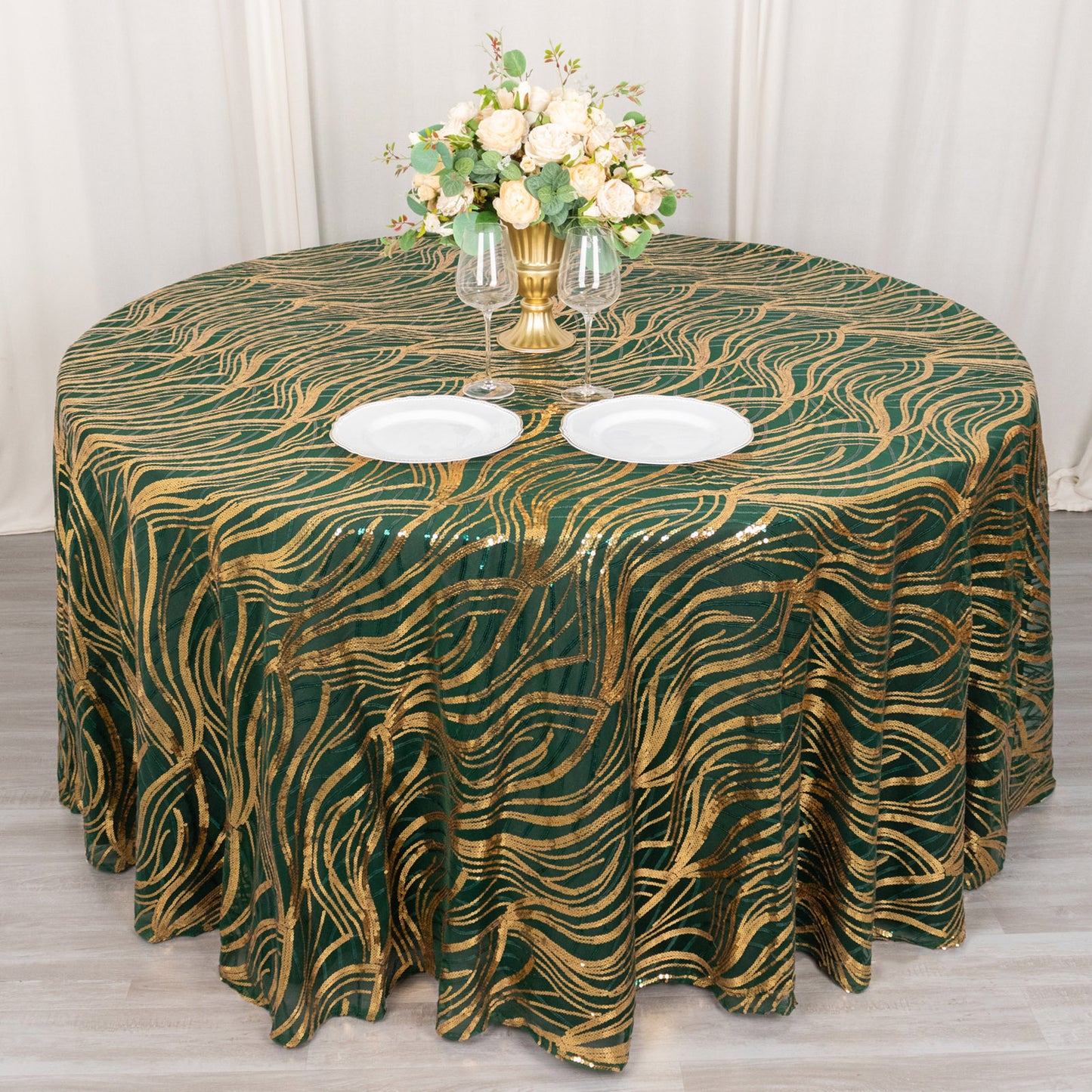 120" Hunter Emerald Green Gold Wave Mesh Round Tablecloth With Embroidered Sequins