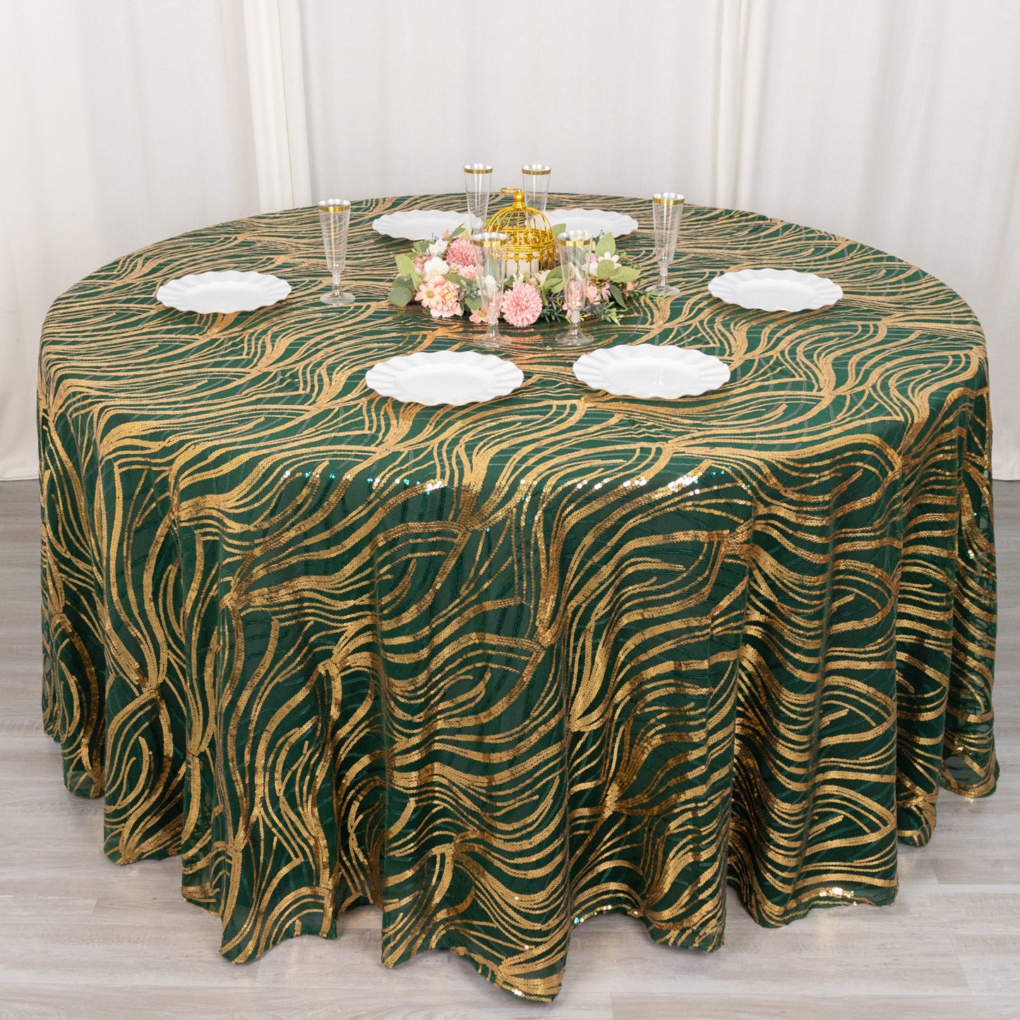 120" Hunter Emerald Green Gold Wave Mesh Round Tablecloth With Embroidered Sequins