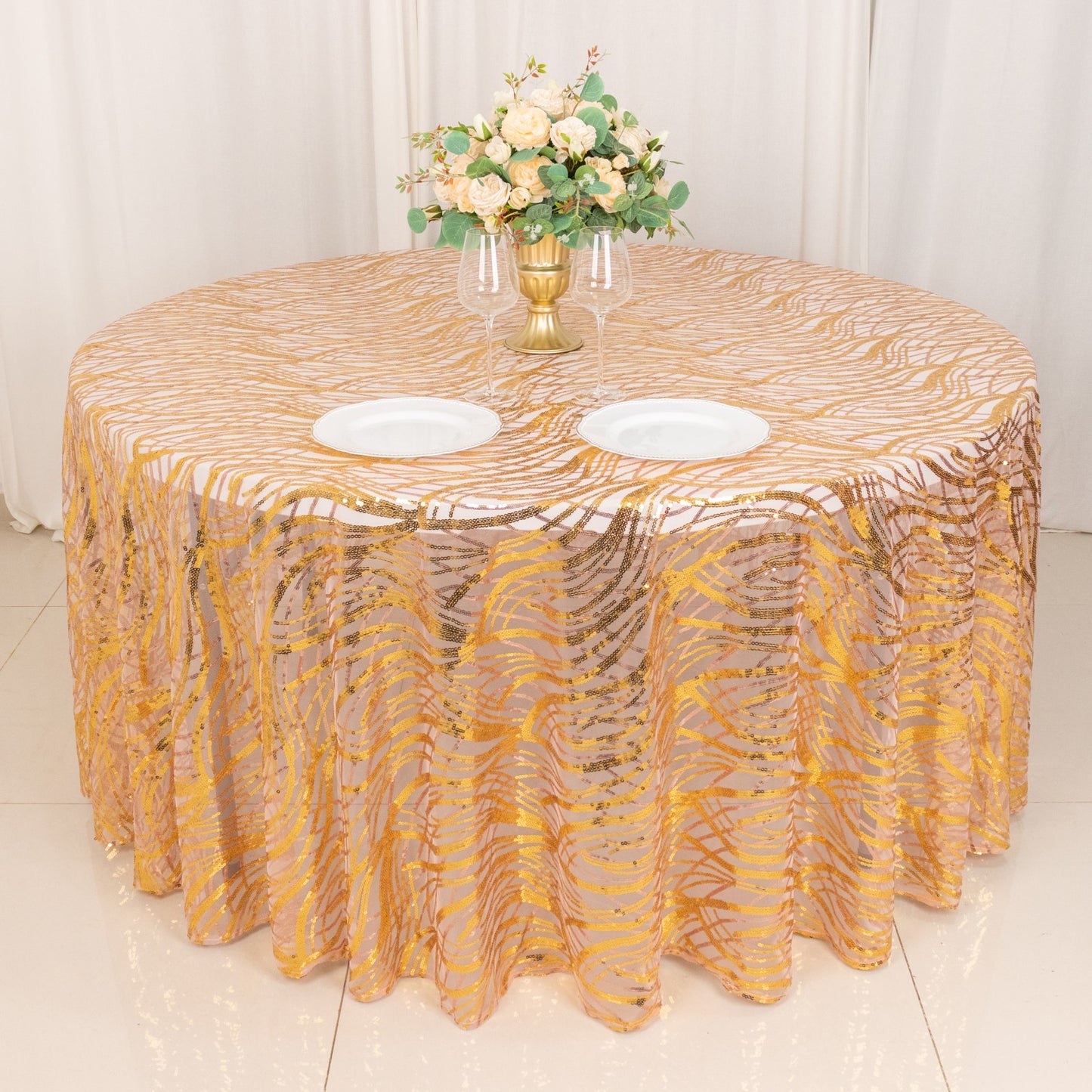 120" Rose Gold Wave Mesh Round Tablecloth With Gold Embroidered Sequins