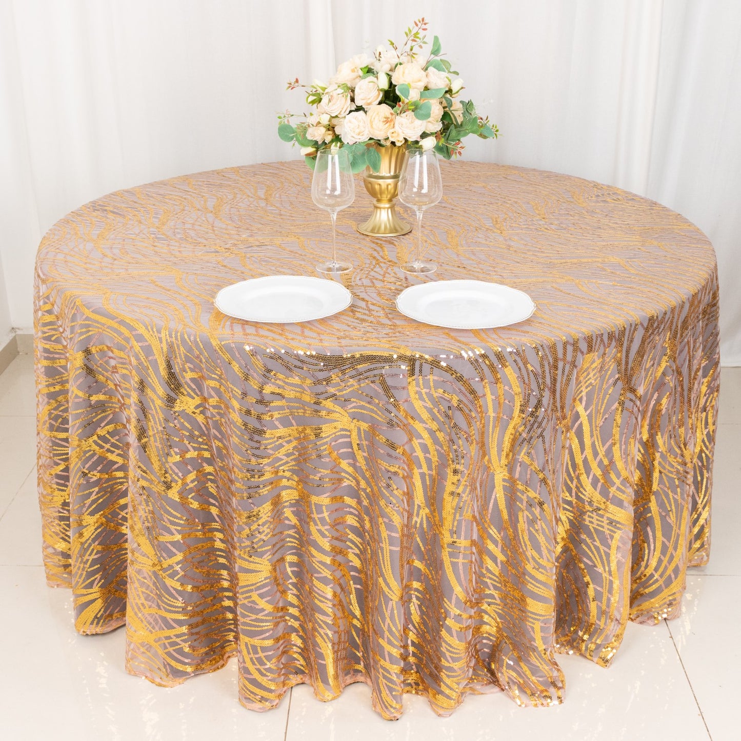120" Rose Gold Wave Mesh Round Tablecloth With Gold Embroidered Sequins