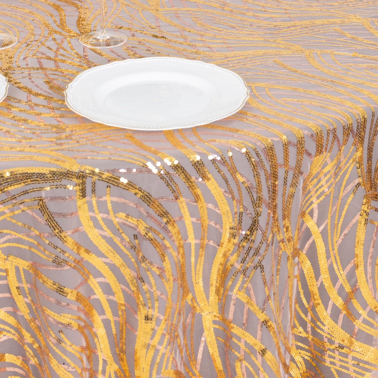 120" Rose Gold Wave Mesh Round Tablecloth With Gold Embroidered Sequins