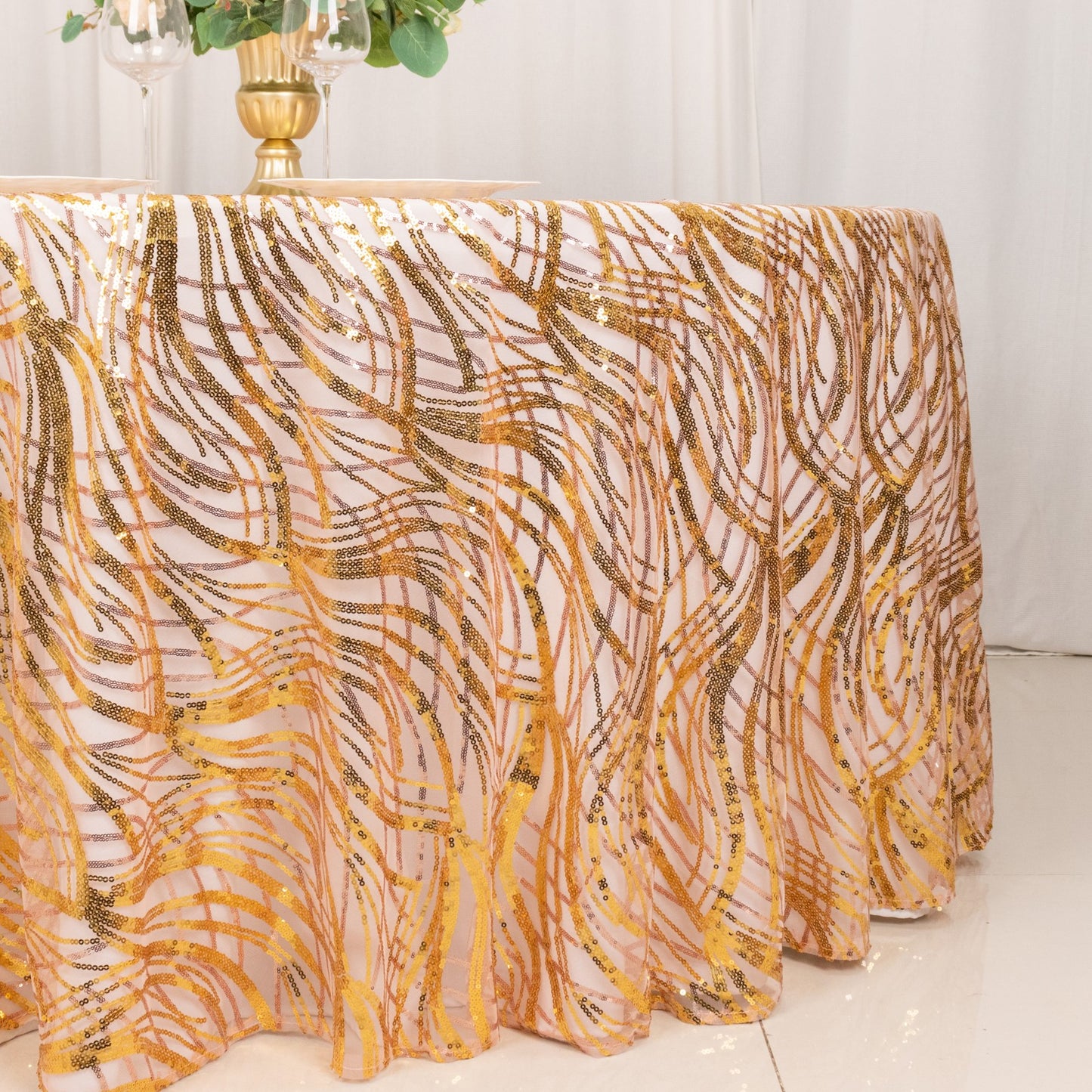 120" Rose Gold Wave Mesh Round Tablecloth With Gold Embroidered Sequins