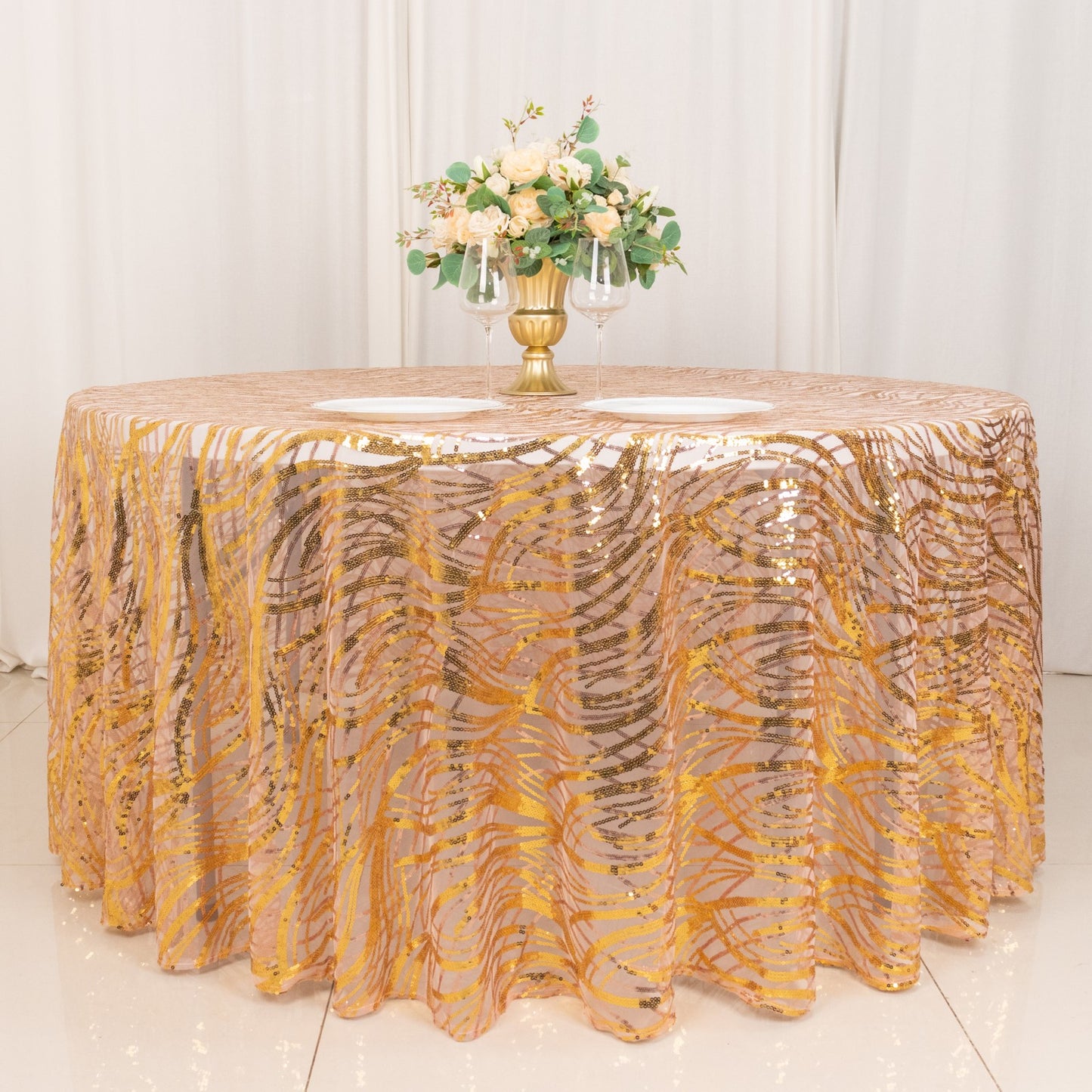 120" Rose Gold Wave Mesh Round Tablecloth With Gold Embroidered Sequins