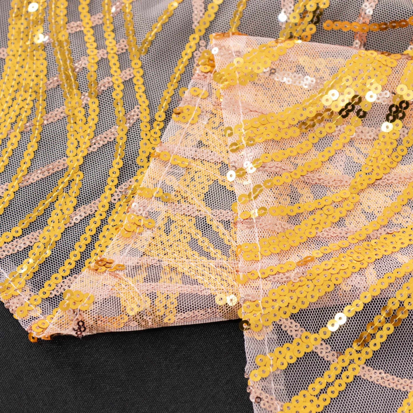 120" Rose Gold Wave Mesh Round Tablecloth With Gold Embroidered Sequins