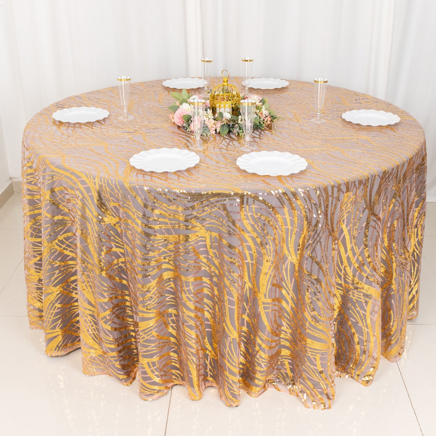 120" Rose Gold Wave Mesh Round Tablecloth With Gold Embroidered Sequins