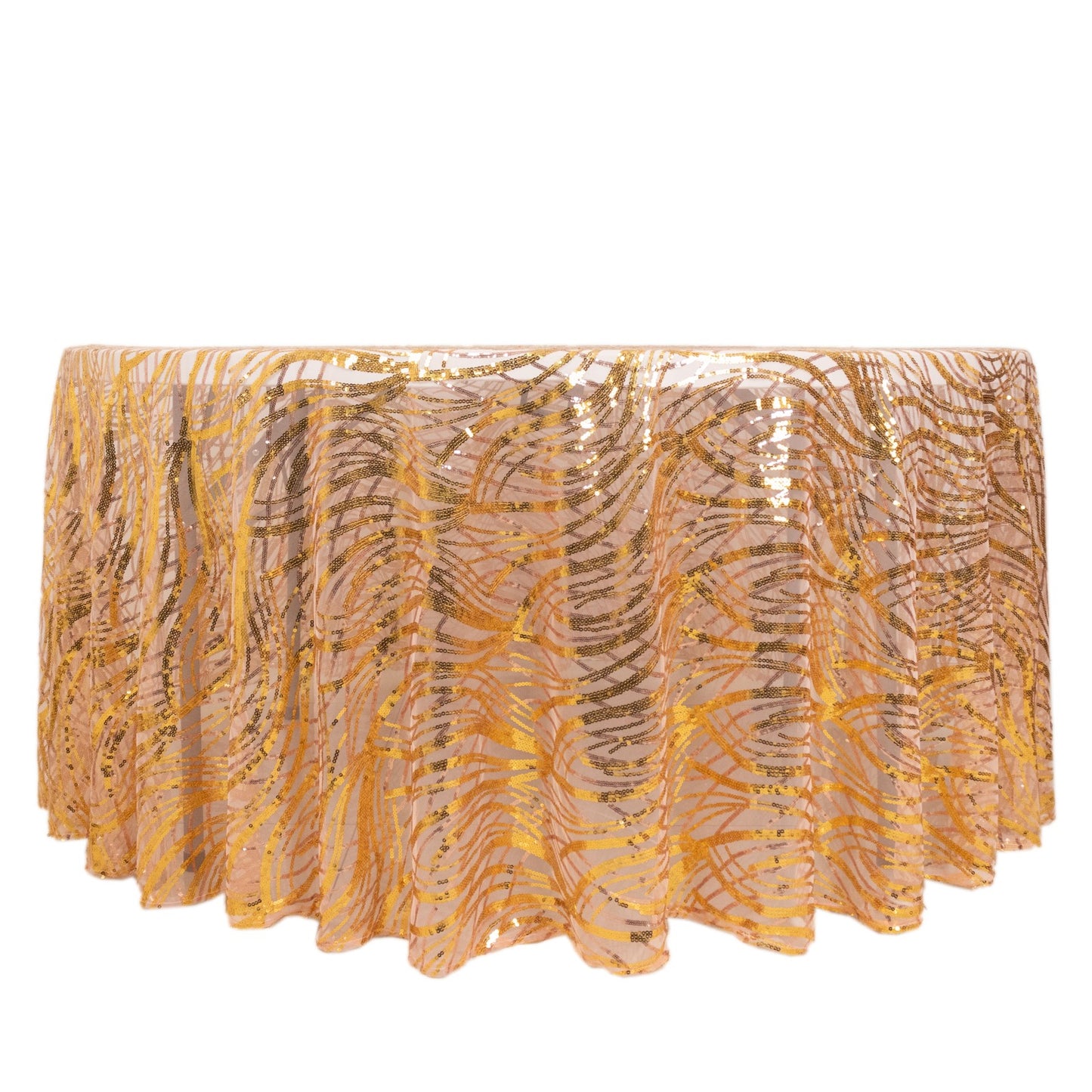 120" Rose Gold Wave Mesh Round Tablecloth With Gold Embroidered Sequins