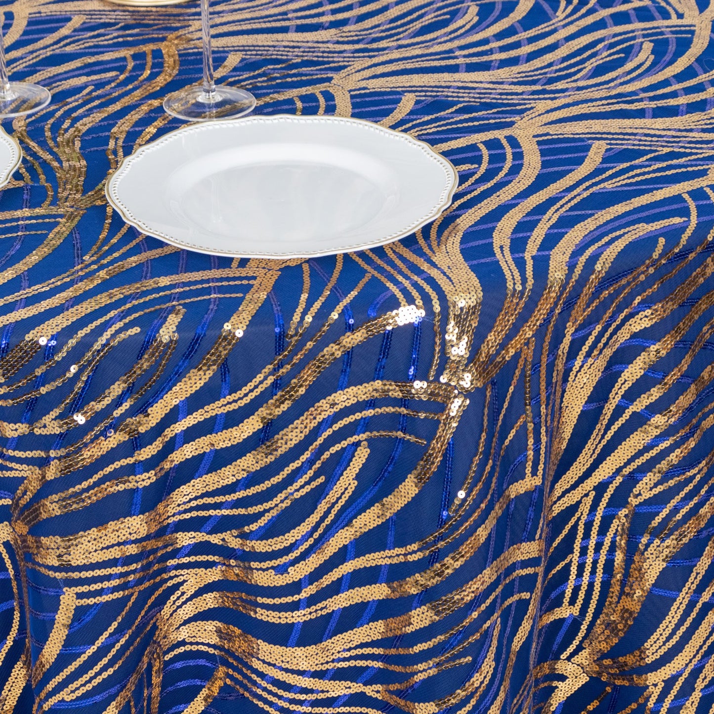 120" Royal Blue Gold Wave Mesh Round Tablecloth With Embroidered Sequins