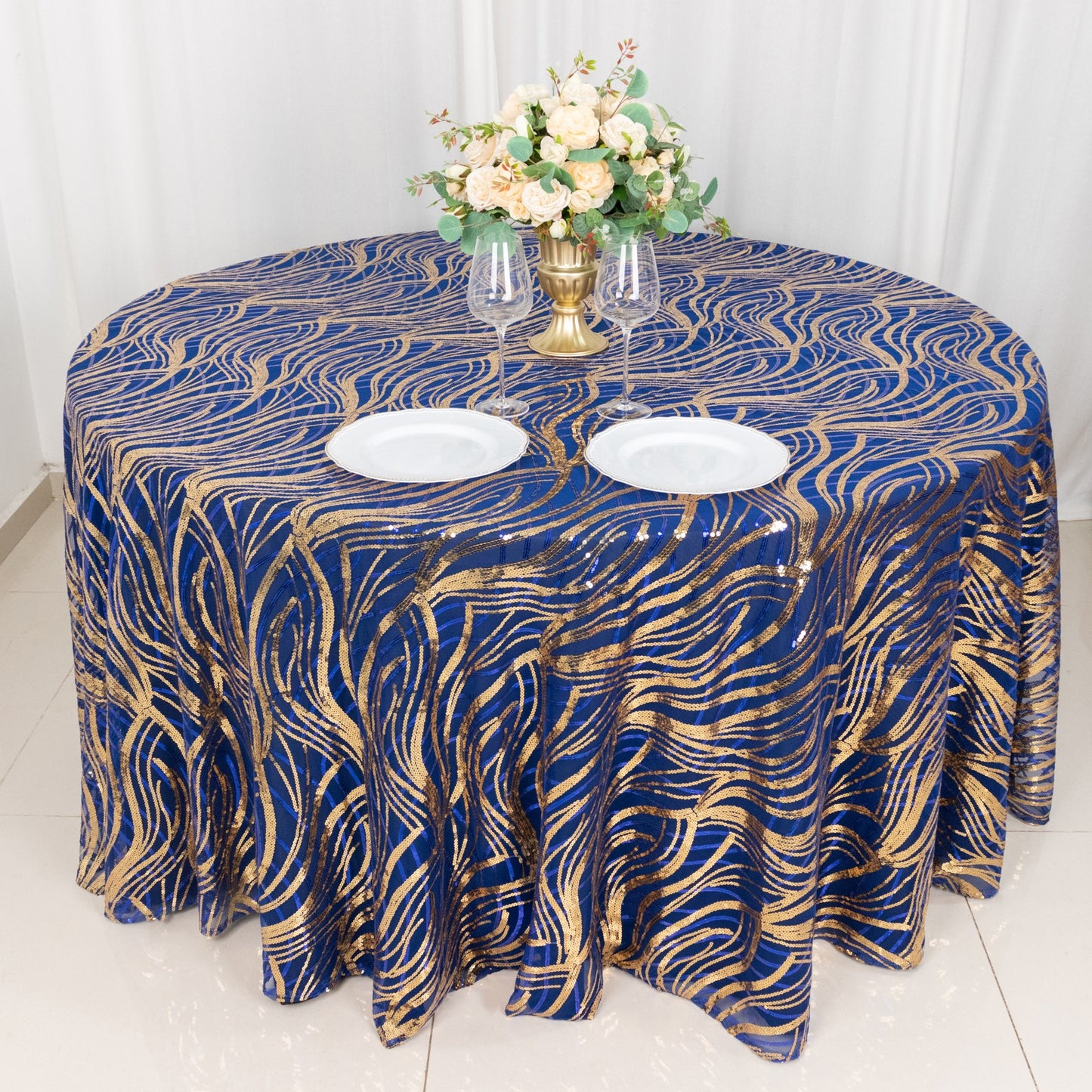 120" Royal Blue Gold Wave Mesh Round Tablecloth With Embroidered Sequins