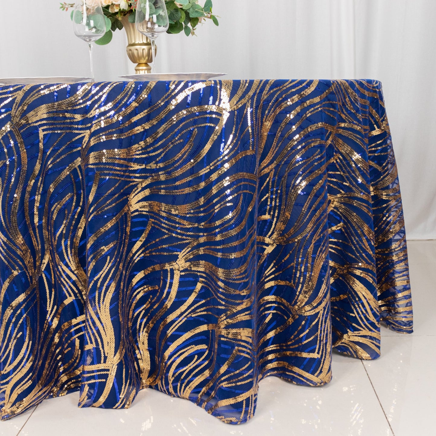 120" Royal Blue Gold Wave Mesh Round Tablecloth With Embroidered Sequins