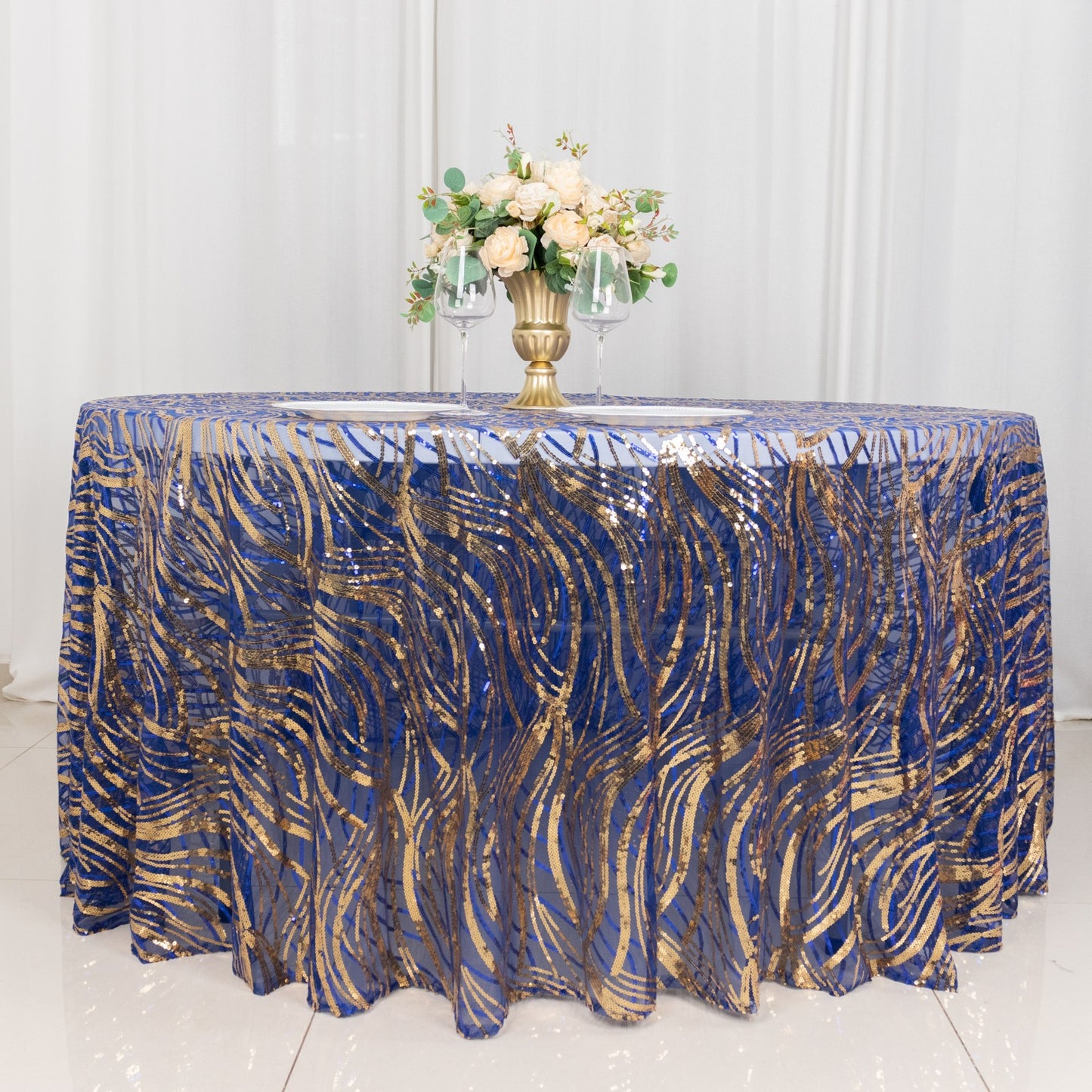 120" Royal Blue Gold Wave Mesh Round Tablecloth With Embroidered Sequins