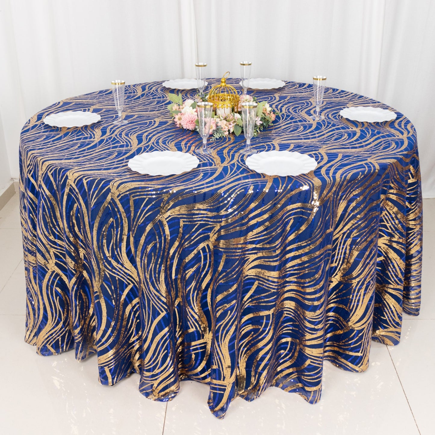 120" Royal Blue Gold Wave Mesh Round Tablecloth With Embroidered Sequins