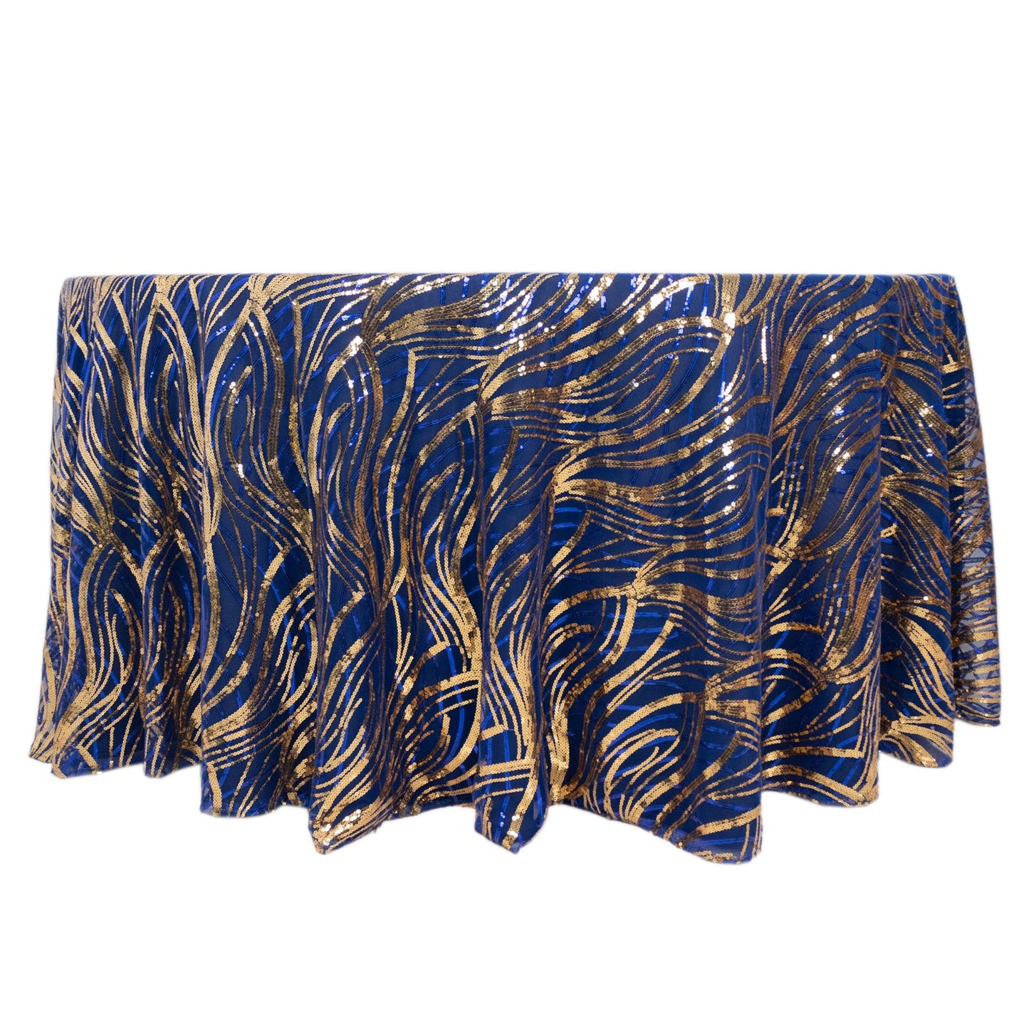120" Royal Blue Gold Wave Mesh Round Tablecloth With Embroidered Sequins
