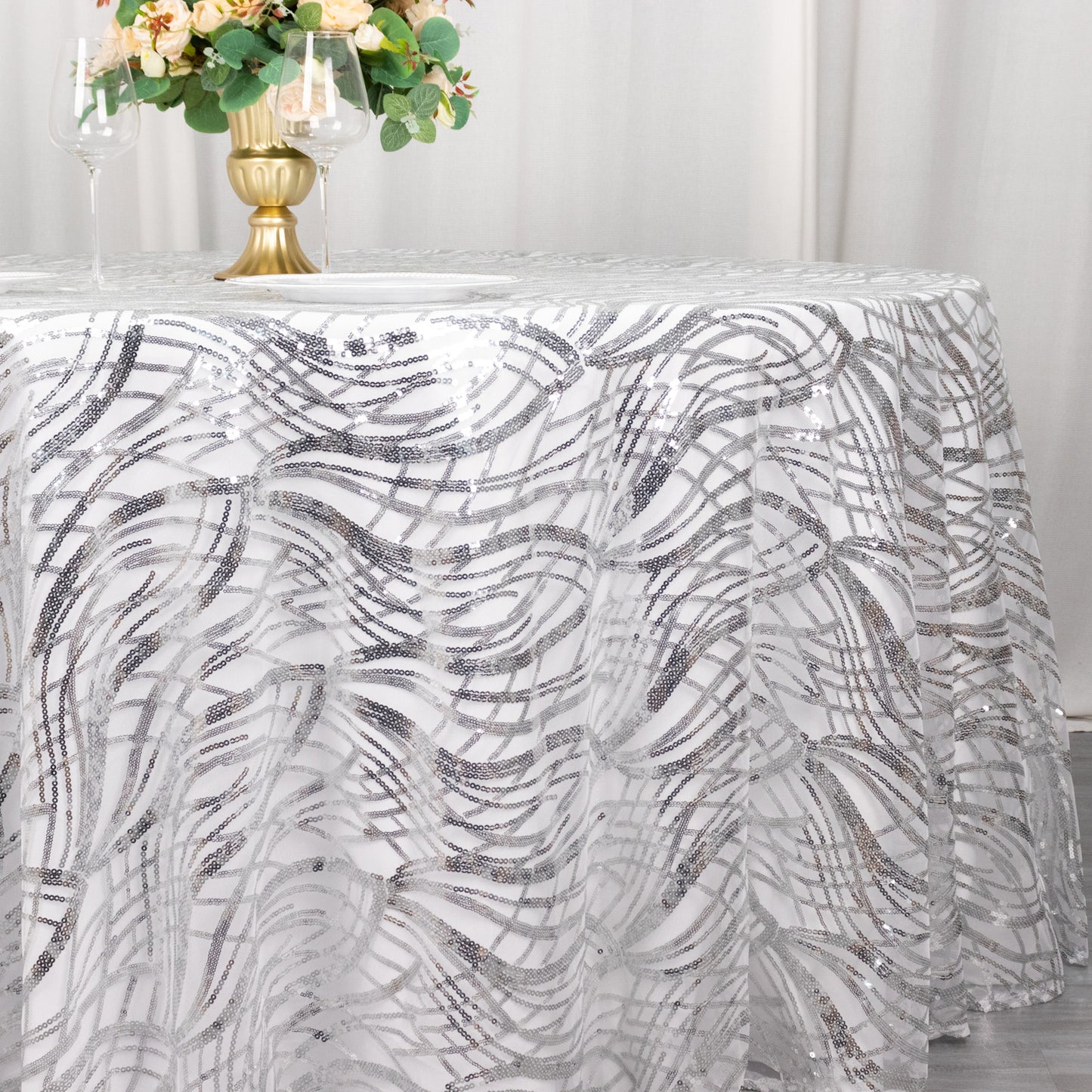 120" Silver Wave Mesh Round Tablecloth With Embroidered Sequins