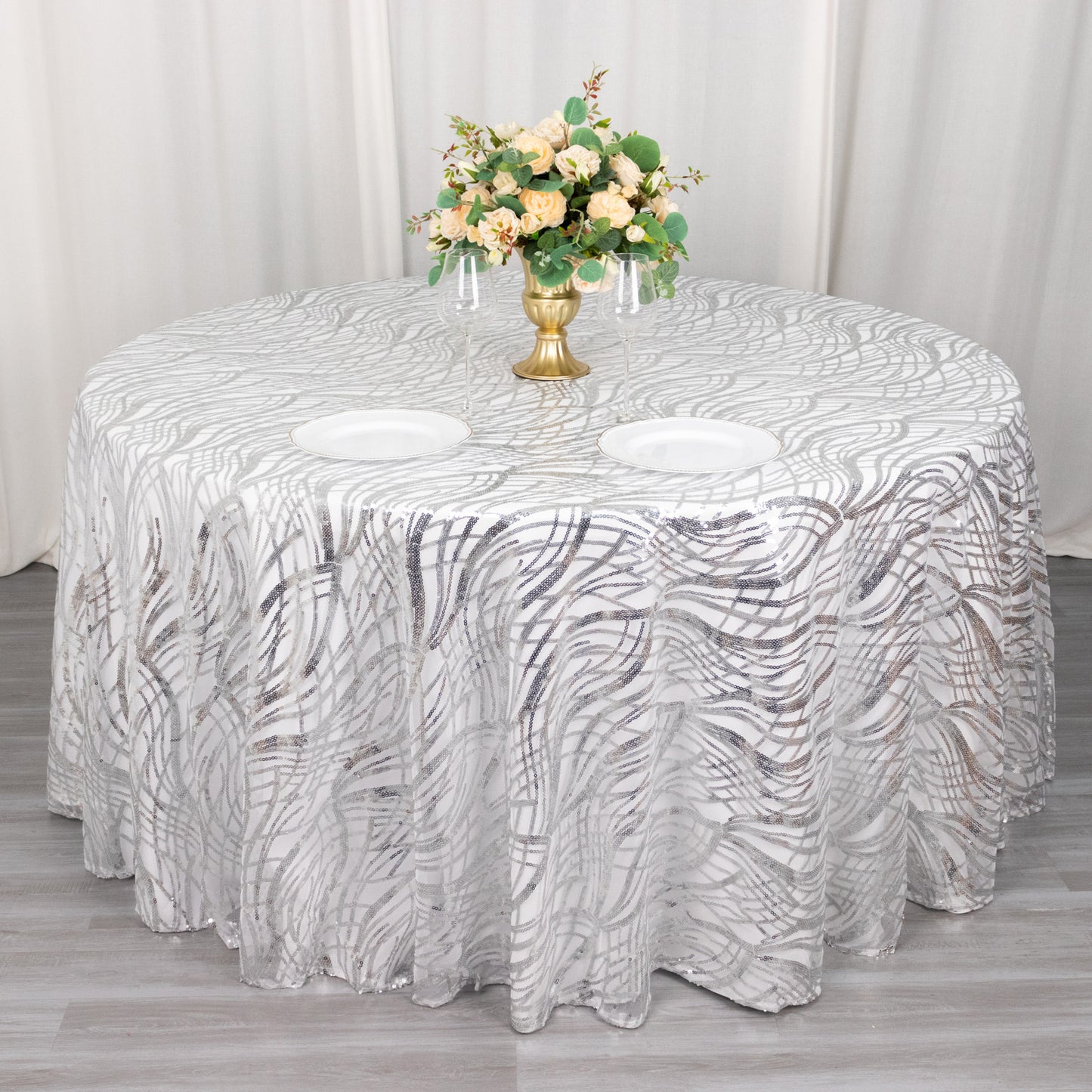 120" Silver Wave Mesh Round Tablecloth With Embroidered Sequins