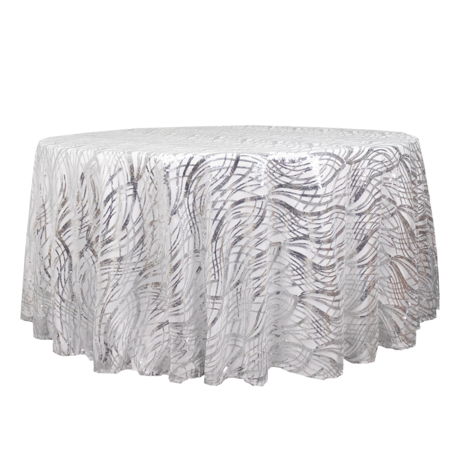 120" Silver Wave Mesh Round Tablecloth With Embroidered Sequins