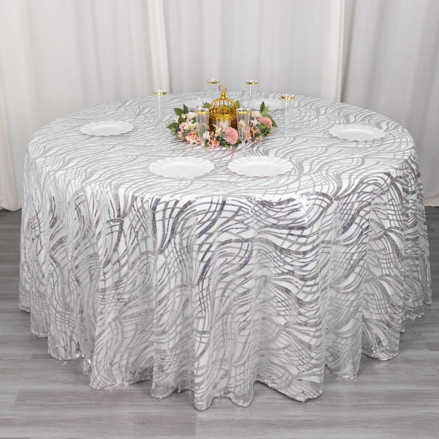 120" Silver Wave Mesh Round Tablecloth With Embroidered Sequins