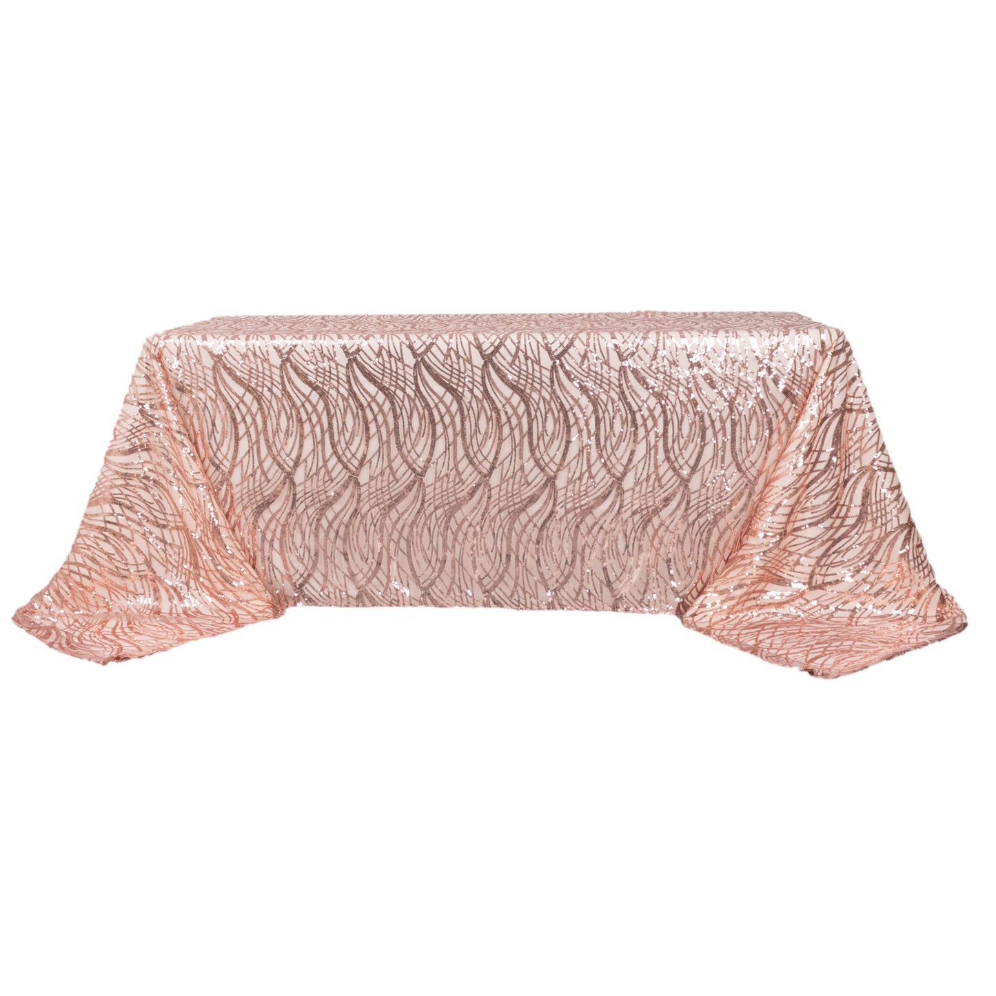 90"x156" Rose Gold Wave Mesh Rectangular Tablecloth With Embroidered Sequins