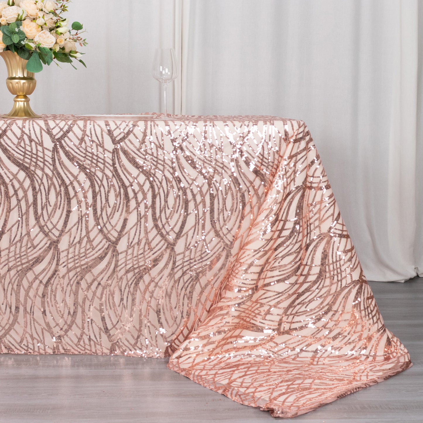 90"x156" Rose Gold Wave Mesh Rectangular Tablecloth With Embroidered Sequins