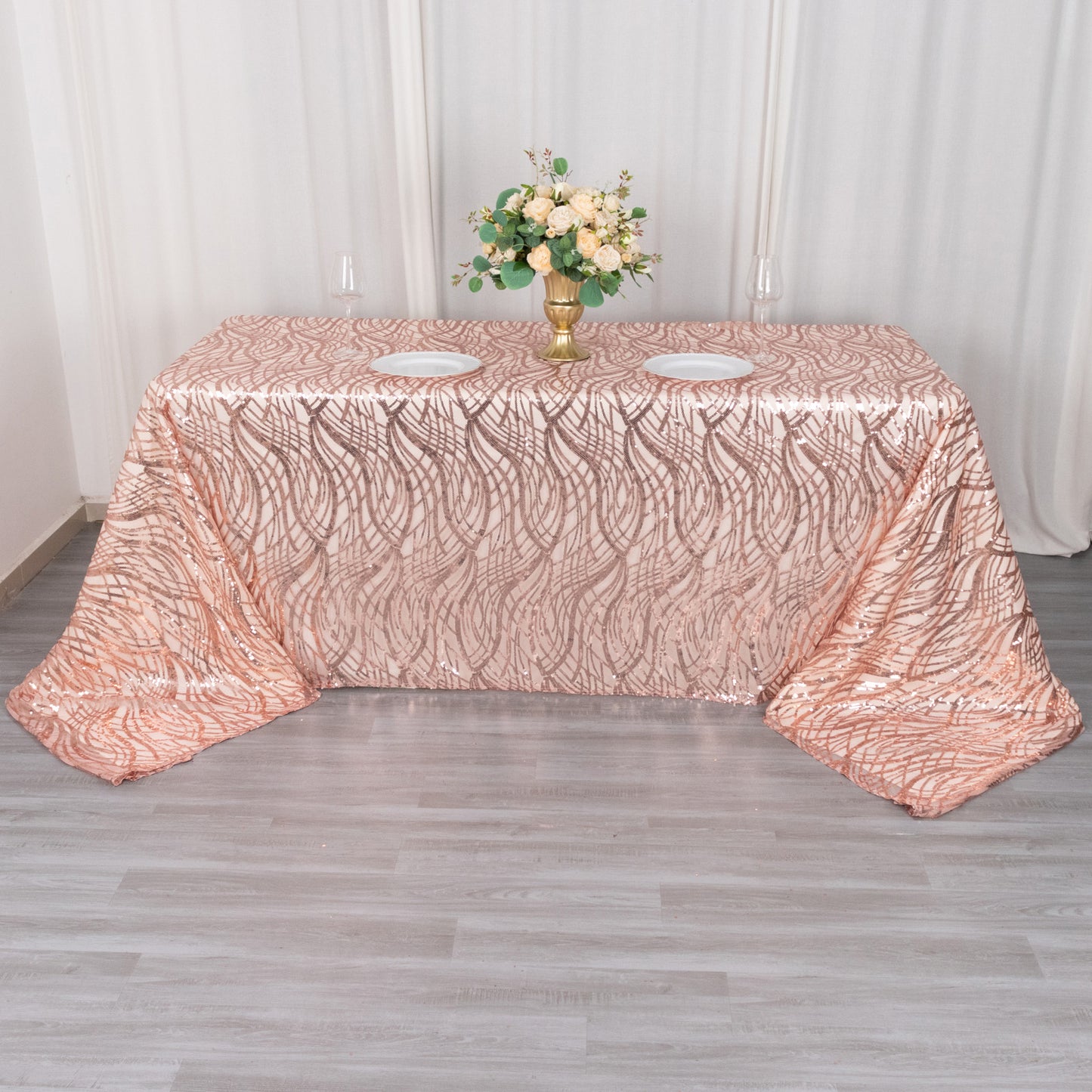 90"x156" Rose Gold Wave Mesh Rectangular Tablecloth With Embroidered Sequins