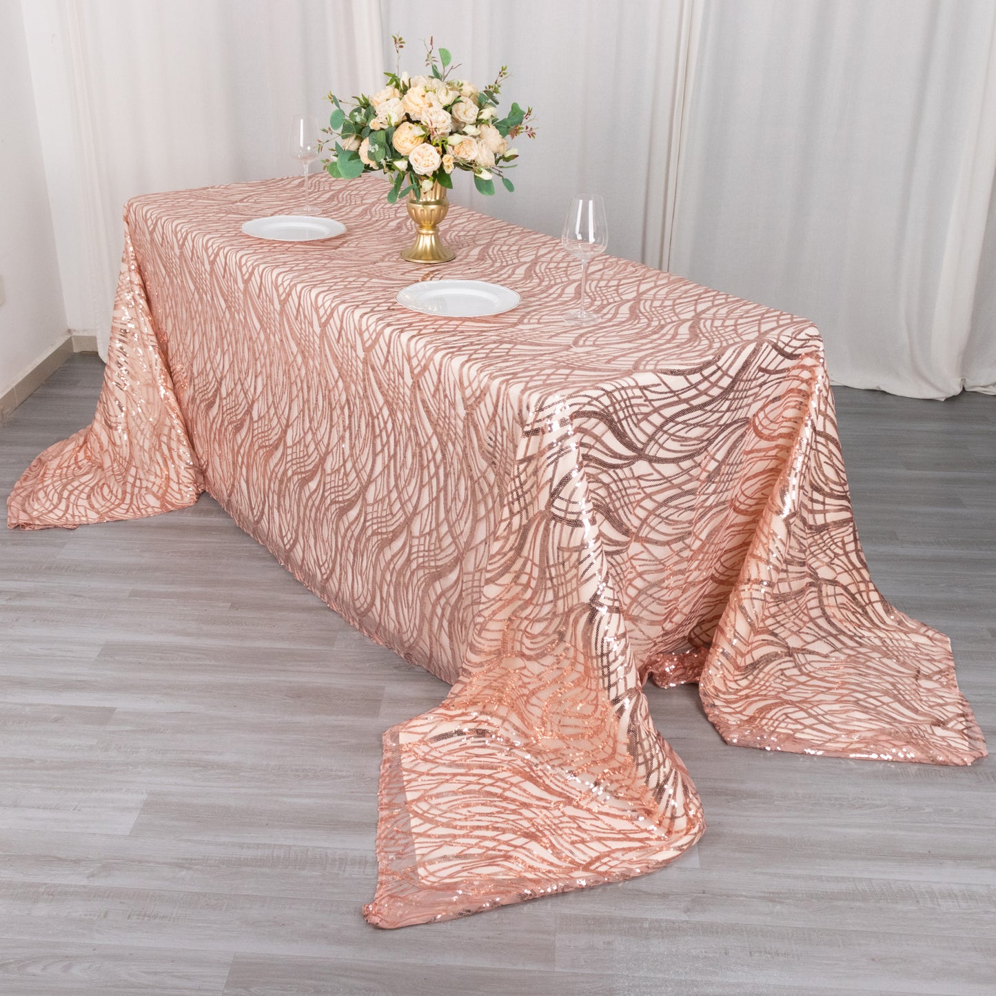 90"x156" Rose Gold Wave Mesh Rectangular Tablecloth With Embroidered Sequins