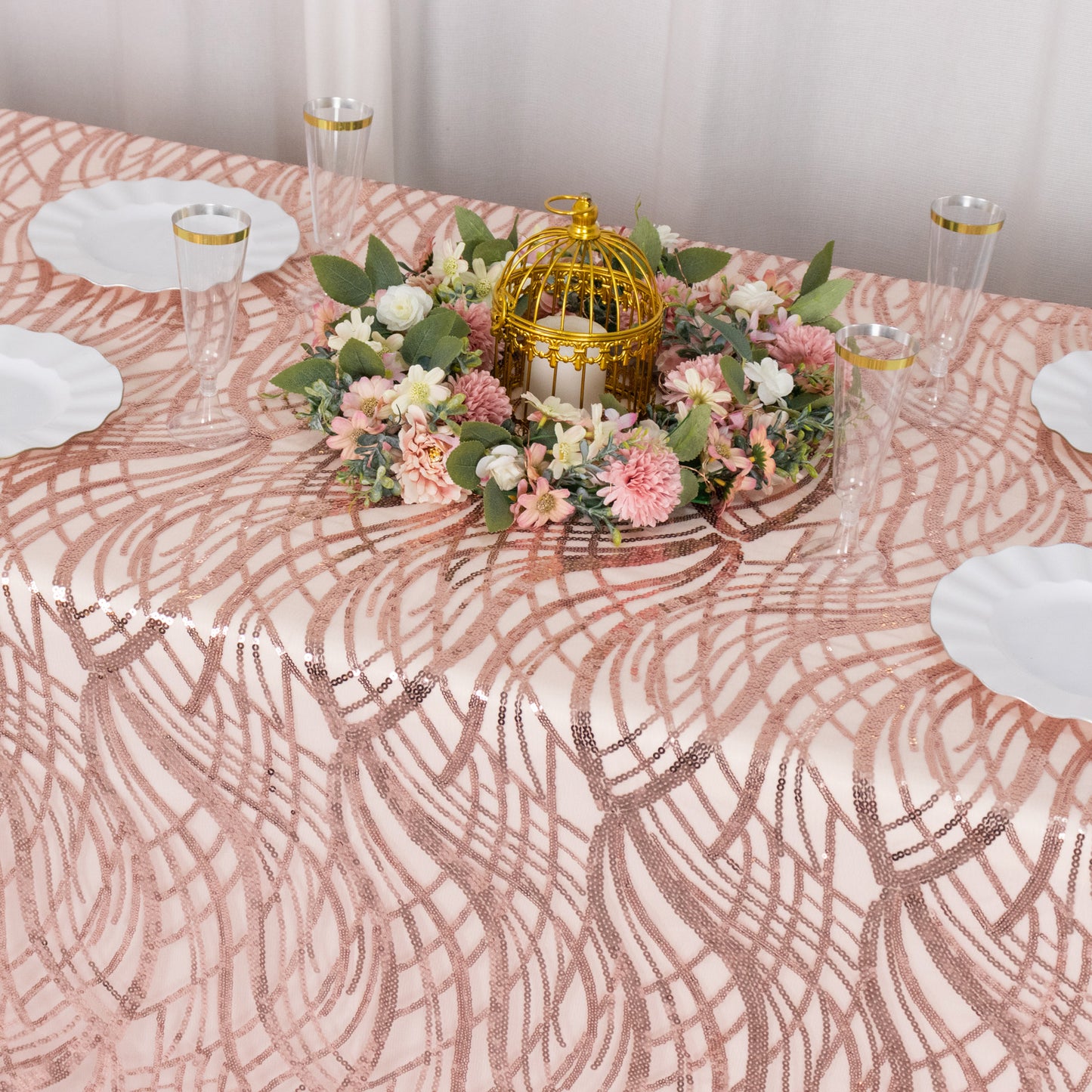 90"x156" Rose Gold Wave Mesh Rectangular Tablecloth With Embroidered Sequins
