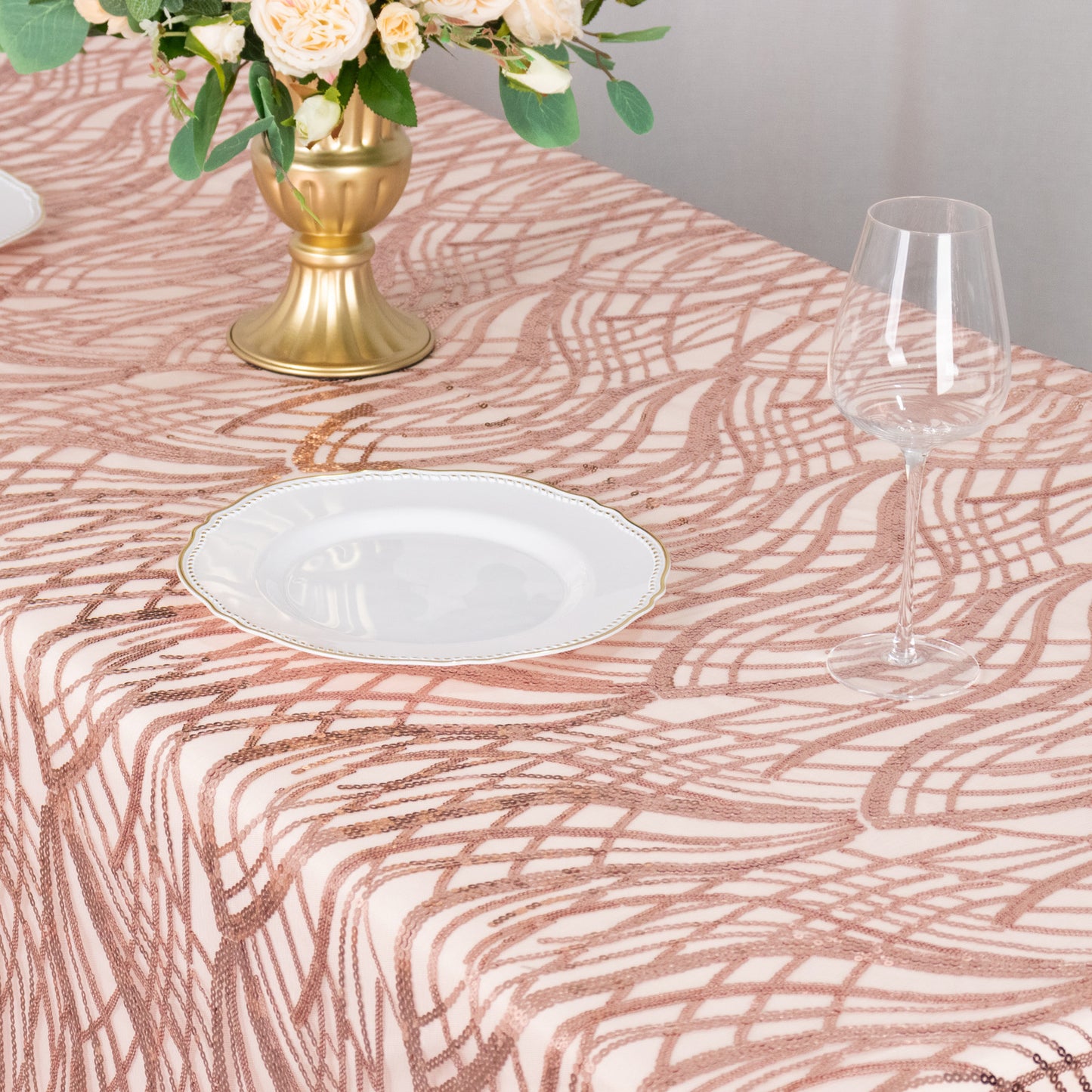 90"x156" Rose Gold Wave Mesh Rectangular Tablecloth With Embroidered Sequins
