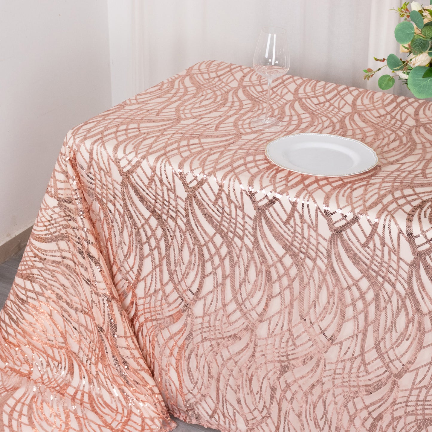 90"x156" Rose Gold Wave Mesh Rectangular Tablecloth With Embroidered Sequins