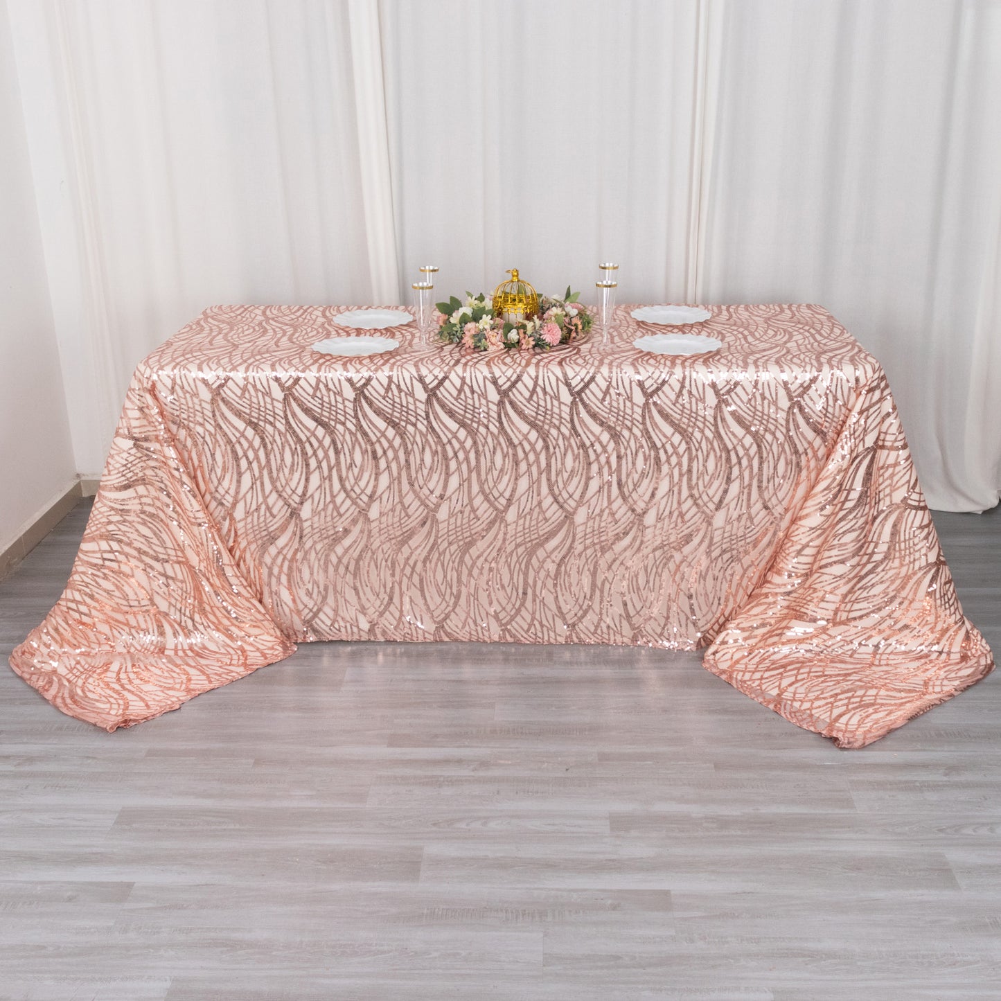 90"x156" Rose Gold Wave Mesh Rectangular Tablecloth With Embroidered Sequins