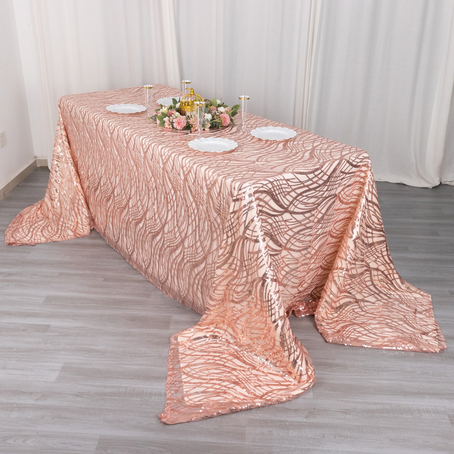 90"x156" Rose Gold Wave Mesh Rectangular Tablecloth With Embroidered Sequins