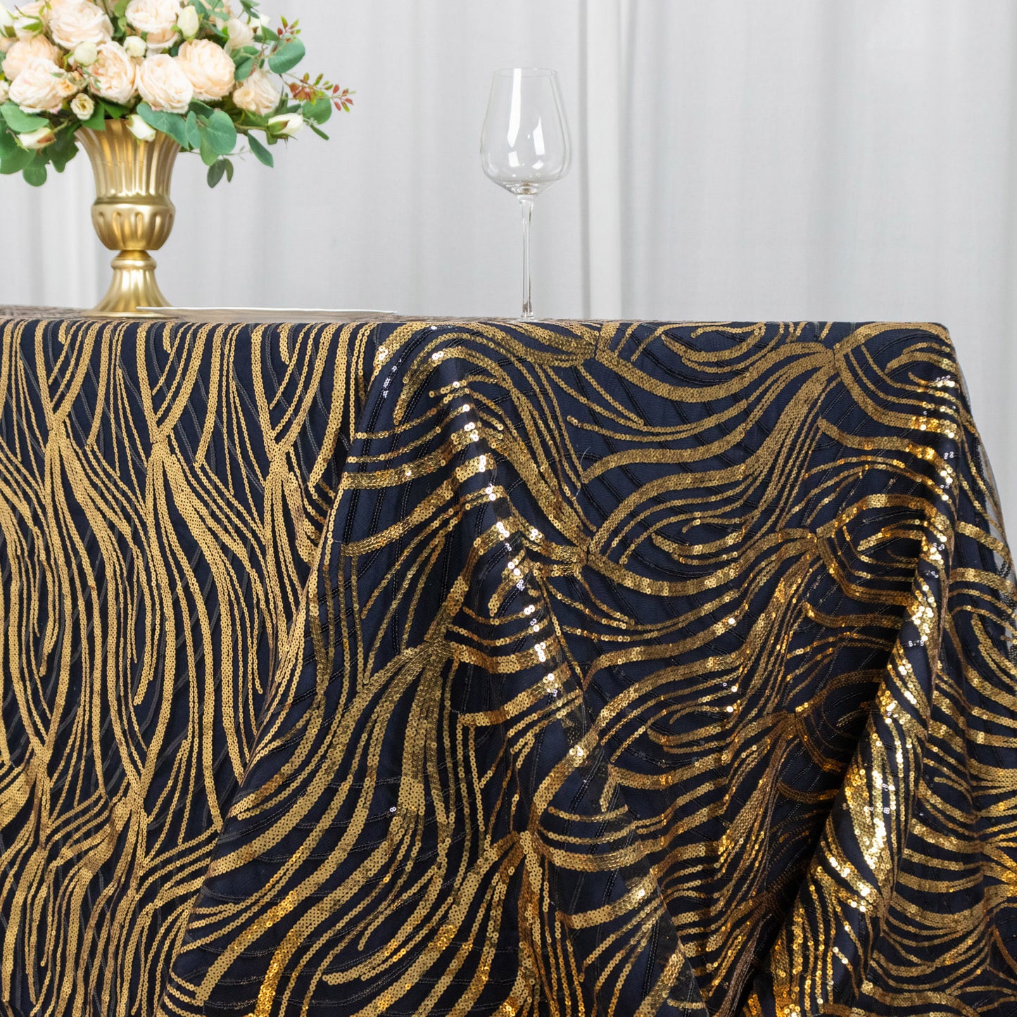 90"x156" Black Gold Wave Mesh Rectangular Tablecloth With Embroidered Sequins