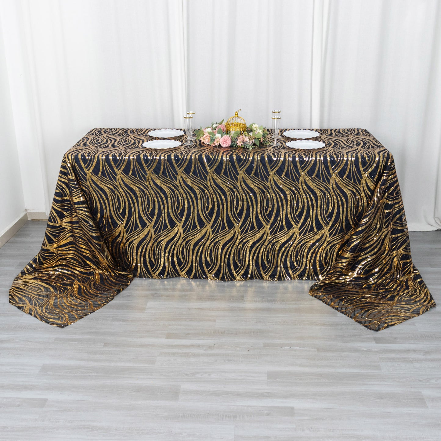 90"x156" Black Gold Wave Mesh Rectangular Tablecloth With Embroidered Sequins