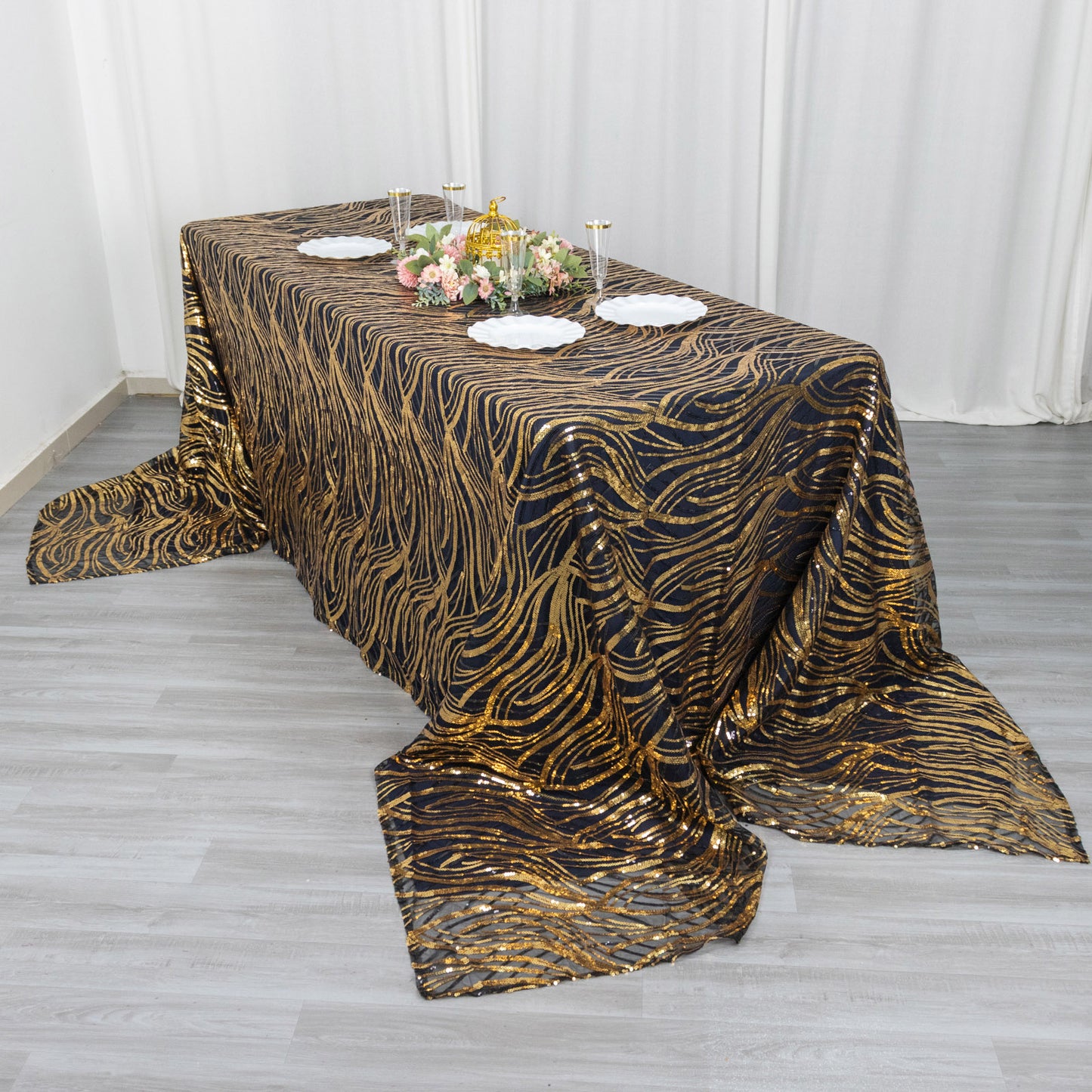 90"x156" Black Gold Wave Mesh Rectangular Tablecloth With Embroidered Sequins