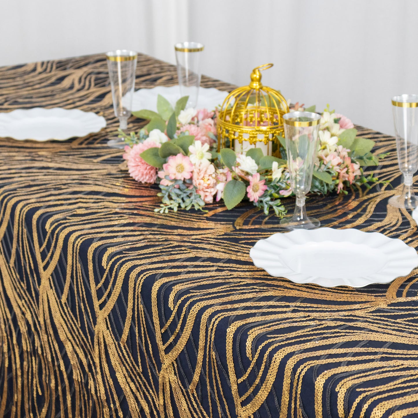 90"x156" Black Gold Wave Mesh Rectangular Tablecloth With Embroidered Sequins