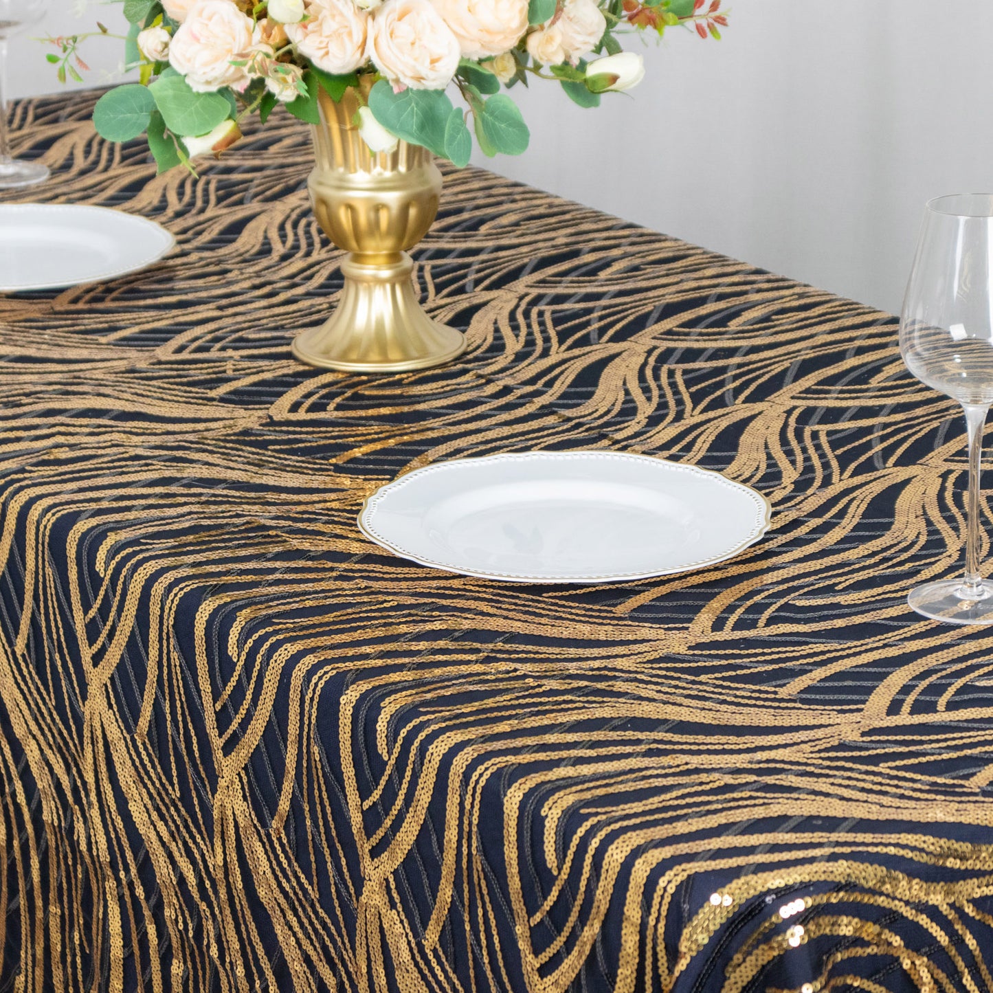 90"x156" Black Gold Wave Mesh Rectangular Tablecloth With Embroidered Sequins