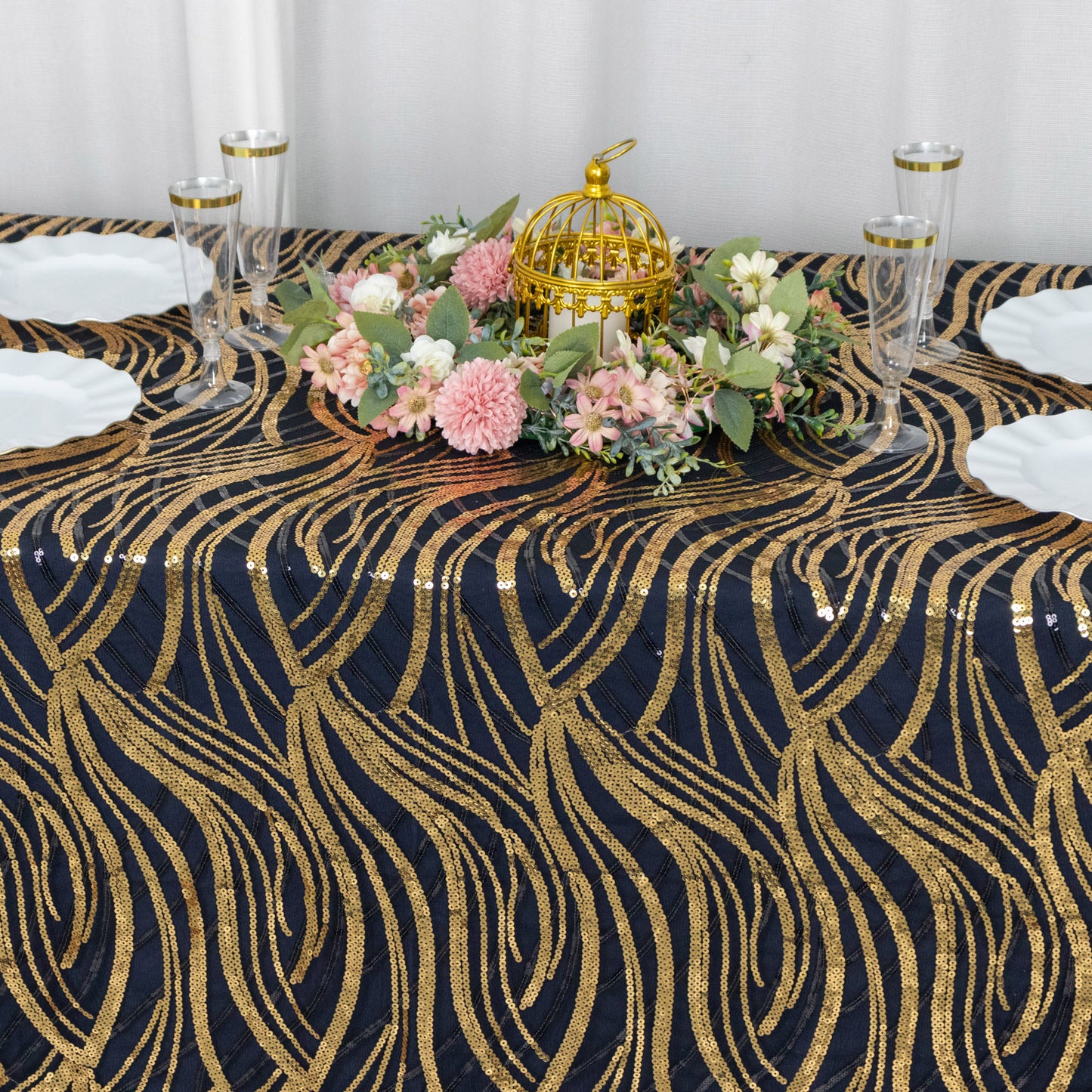 90"x156" Black Gold Wave Mesh Rectangular Tablecloth With Embroidered Sequins