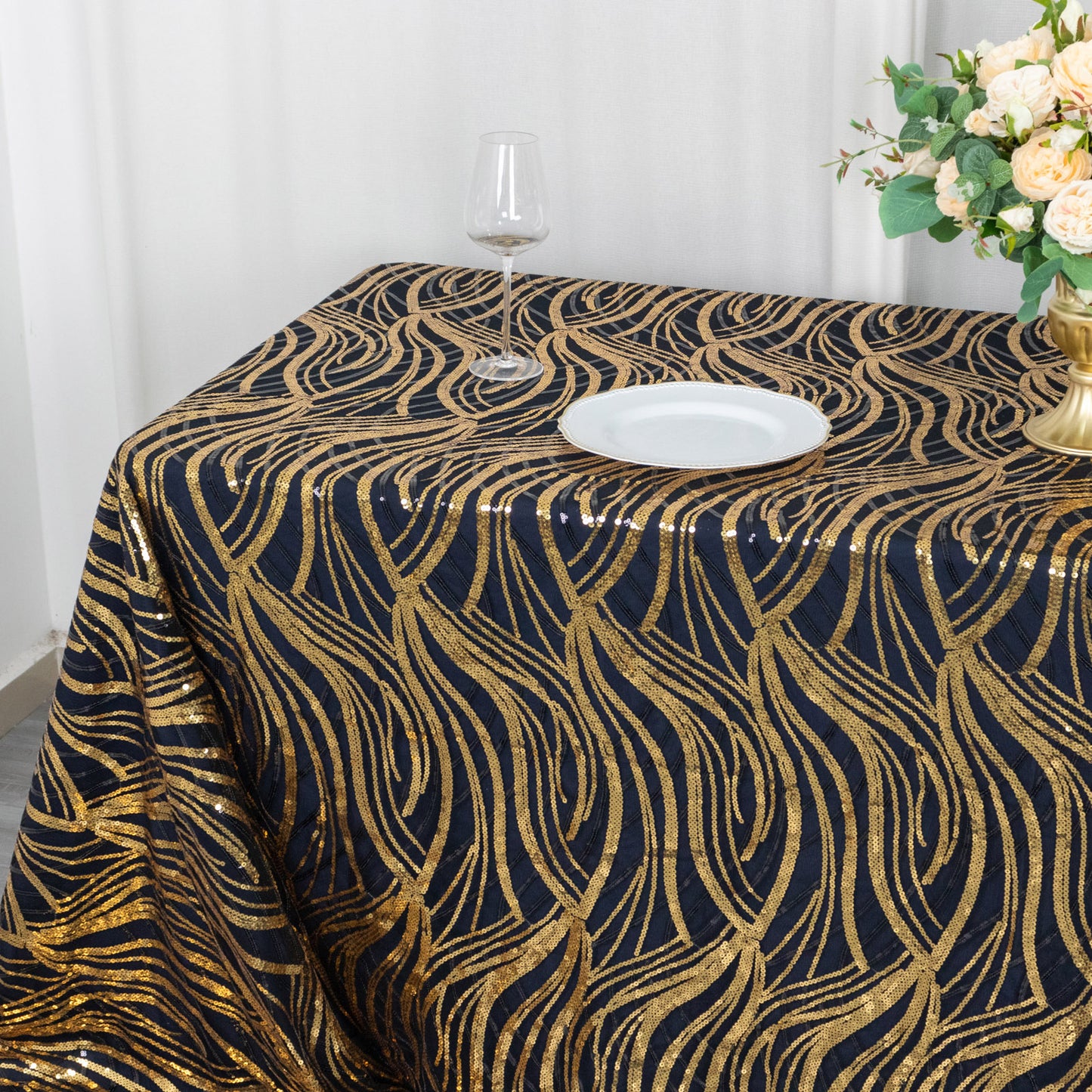 90"x156" Black Gold Wave Mesh Rectangular Tablecloth With Embroidered Sequins