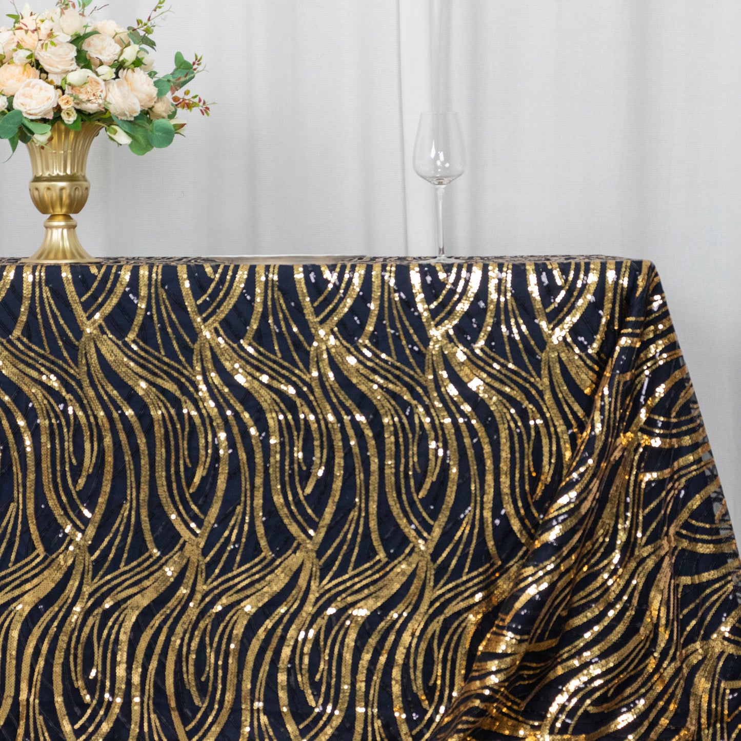 90"x156" Black Gold Wave Mesh Rectangular Tablecloth With Embroidered Sequins