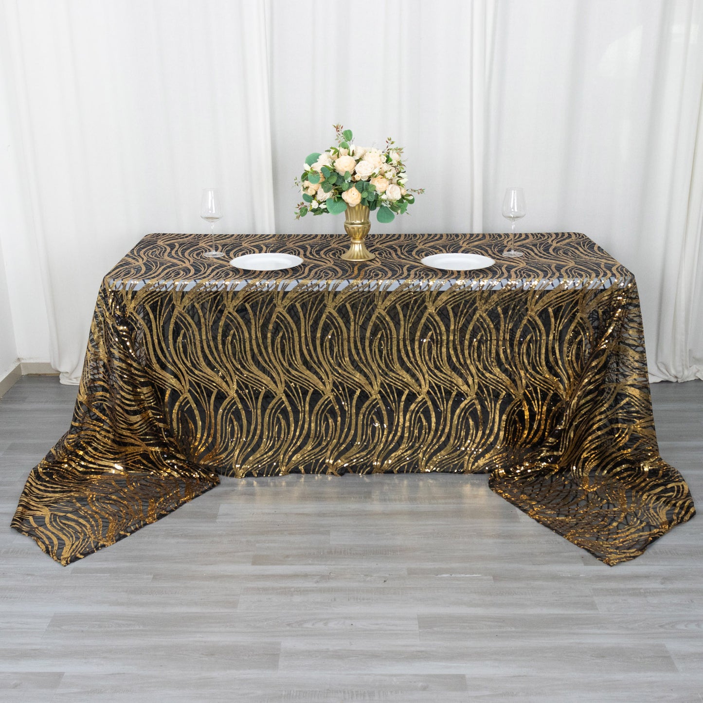 90"x156" Black Gold Wave Mesh Rectangular Tablecloth With Embroidered Sequins