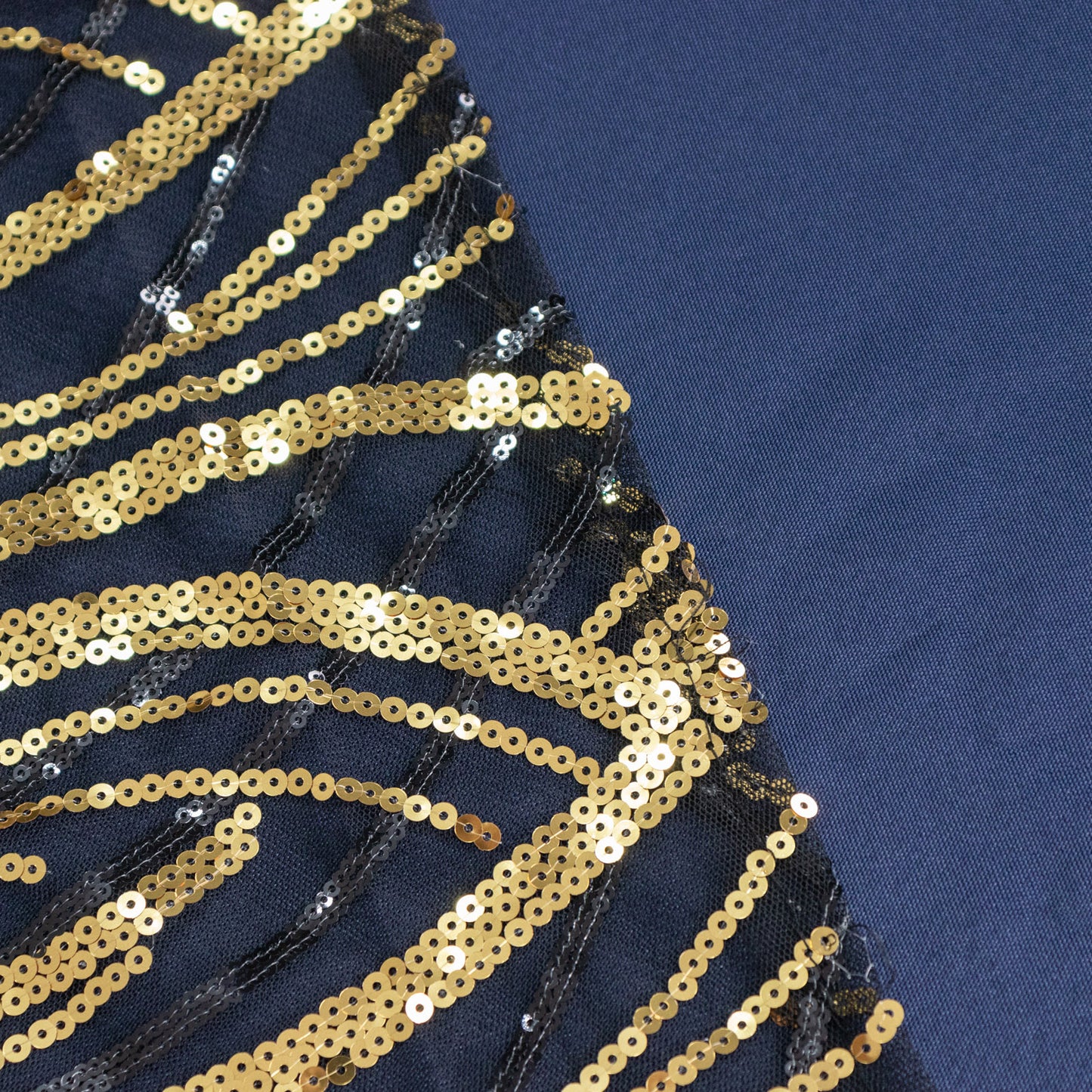 90"x156" Black Gold Wave Mesh Rectangular Tablecloth With Embroidered Sequins
