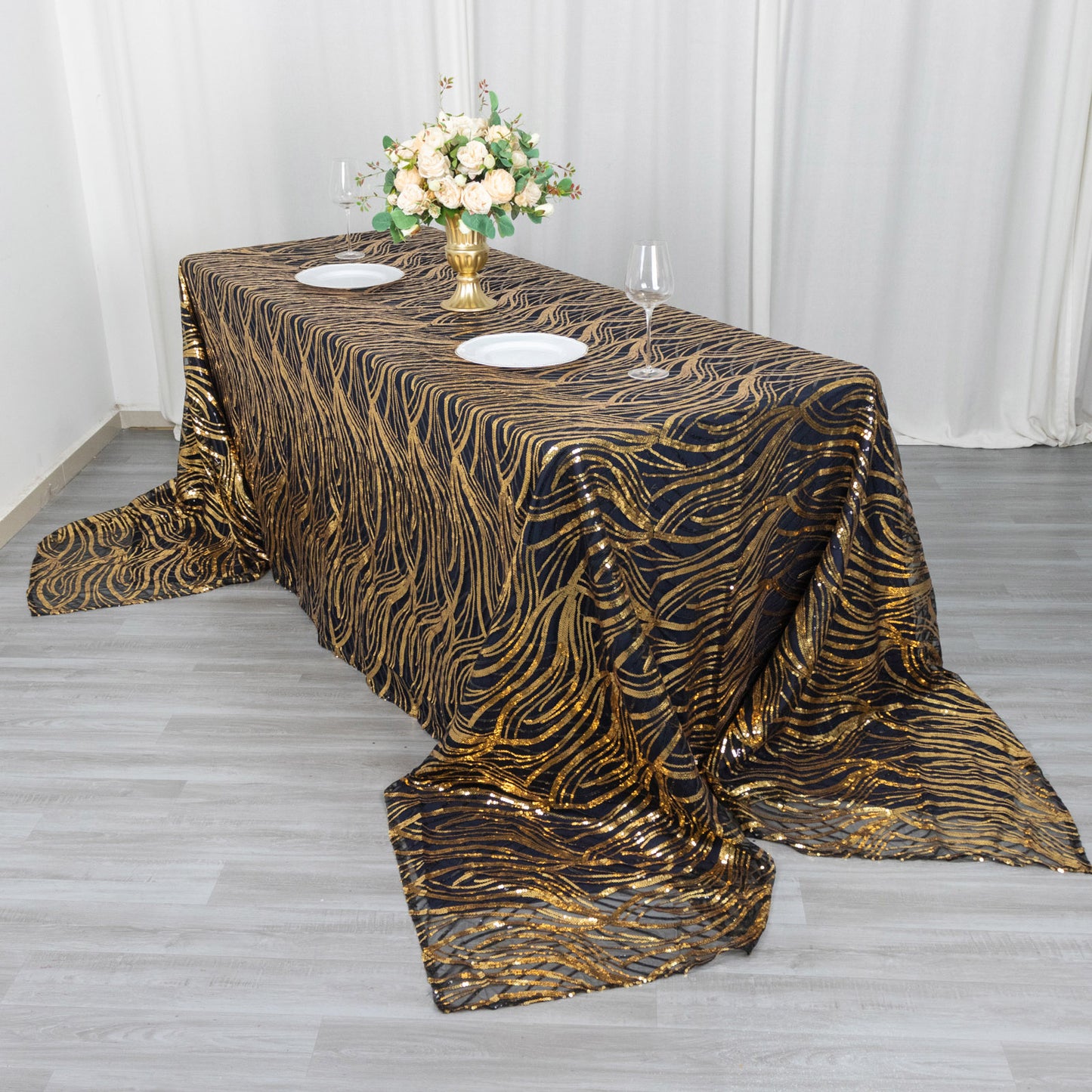 90"x156" Black Gold Wave Mesh Rectangular Tablecloth With Embroidered Sequins