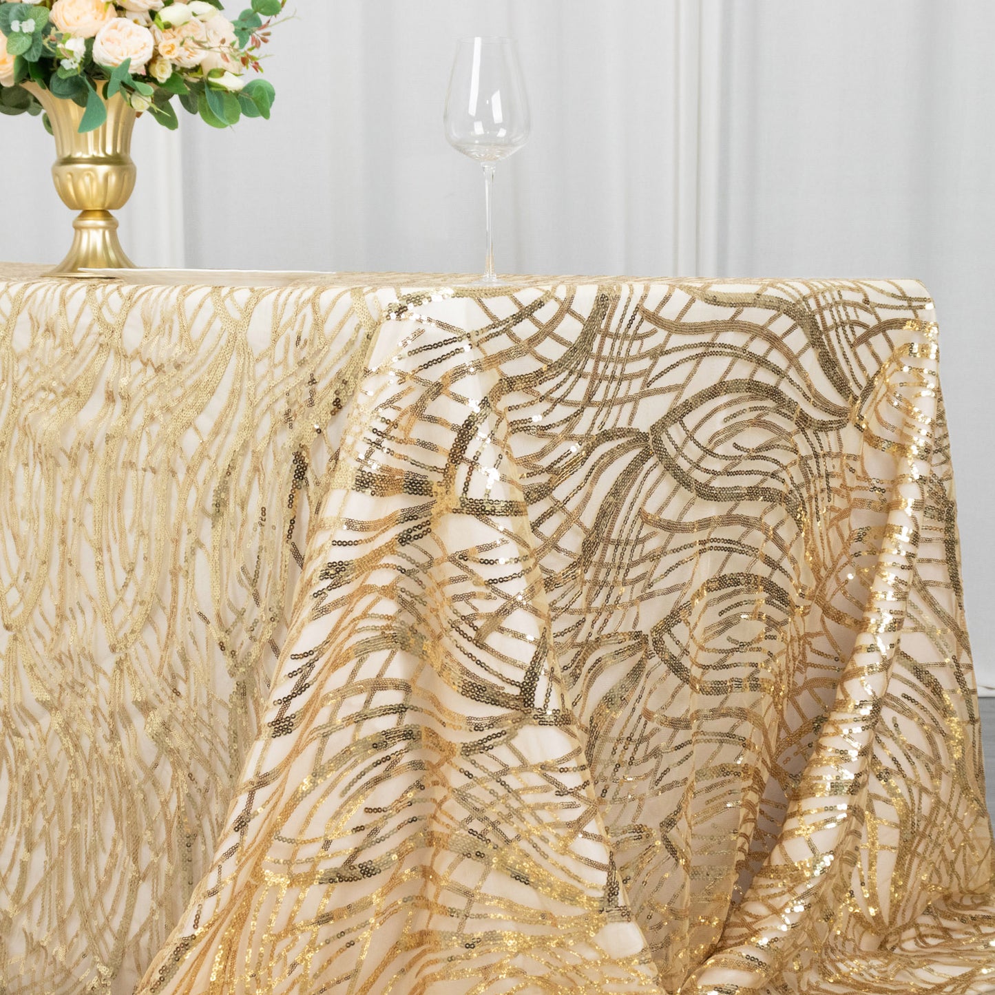 90"x156" Champagne Wave Mesh Rectangular Tablecloth With Embroidered Sequins