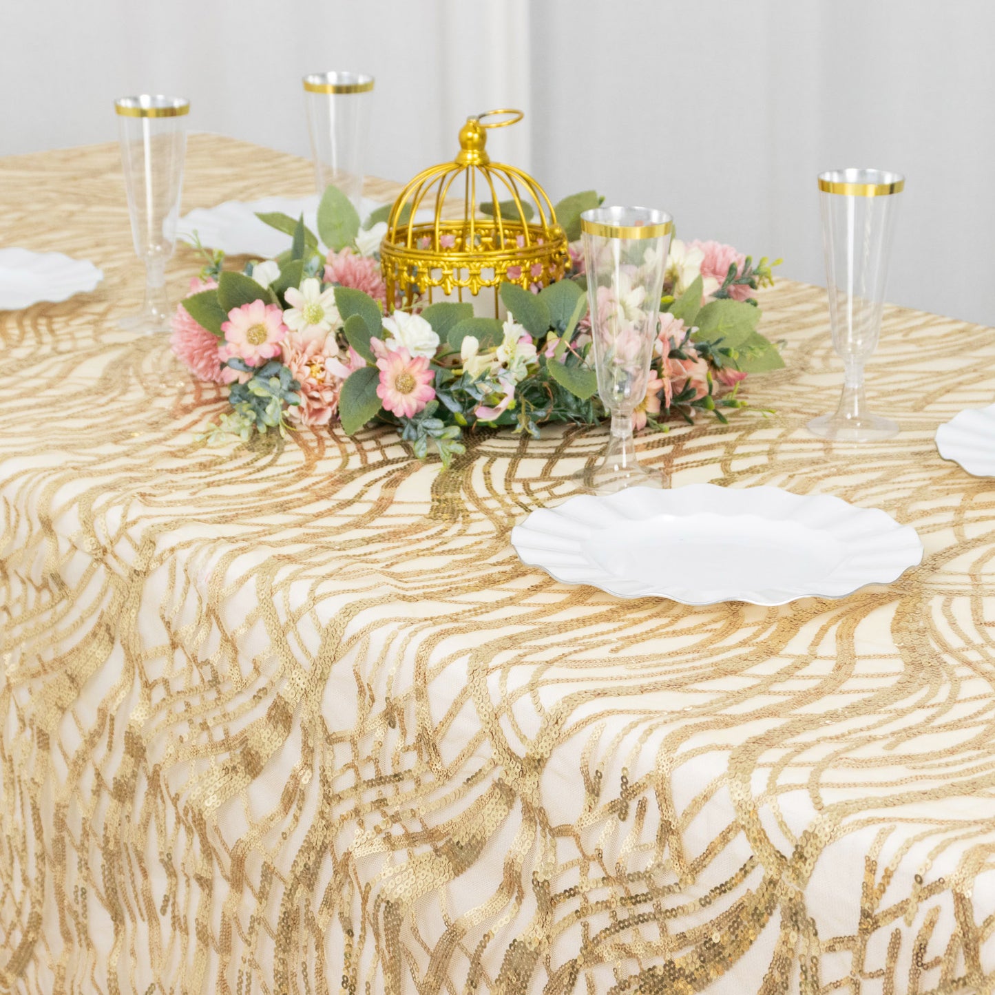 90"x156" Champagne Wave Mesh Rectangular Tablecloth With Embroidered Sequins